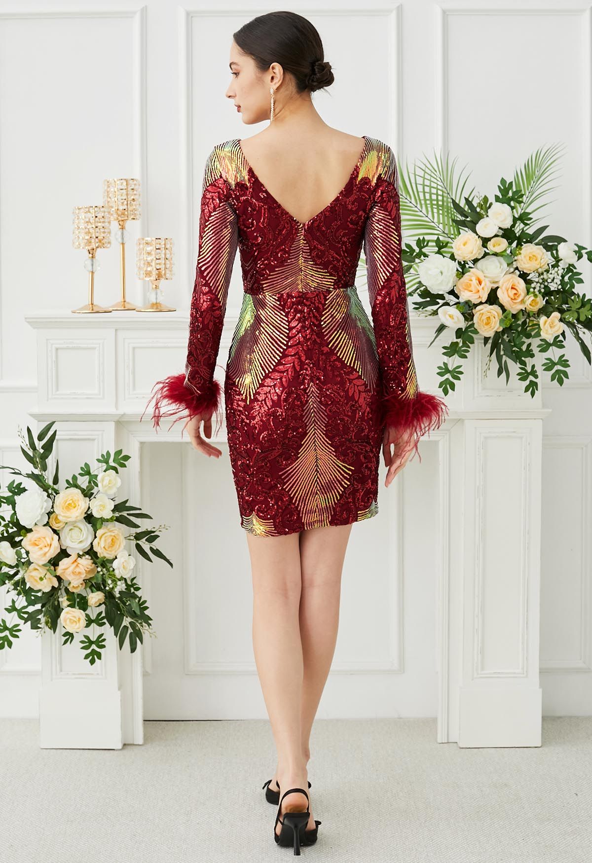 Dazzling Sequins Vine Feather Trim Bodycon Dress in Red