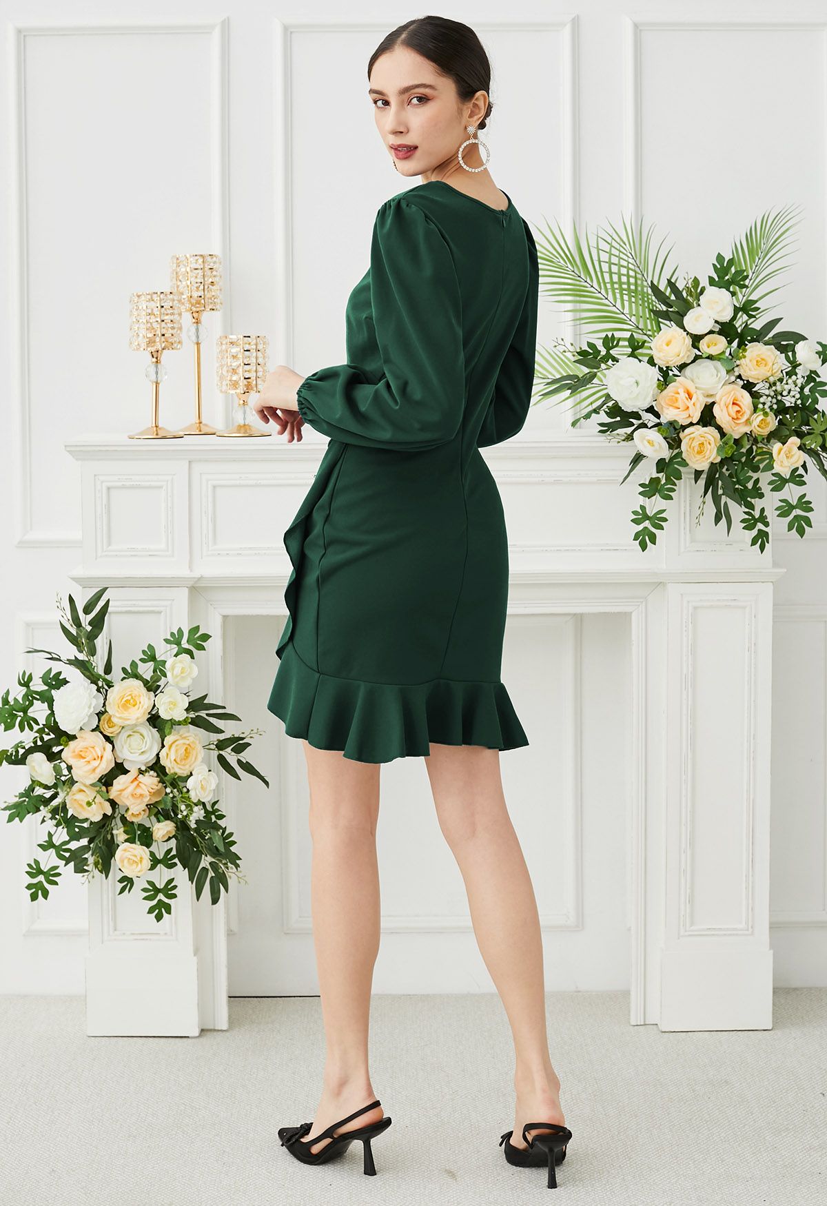 Ruched Side Ruffle Tulip Mini Dress in Dark Green