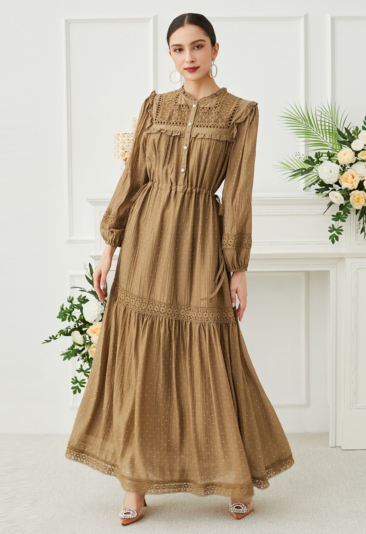 Rhinestone Dots Crochet Buttoned Maxi Dress in Tan