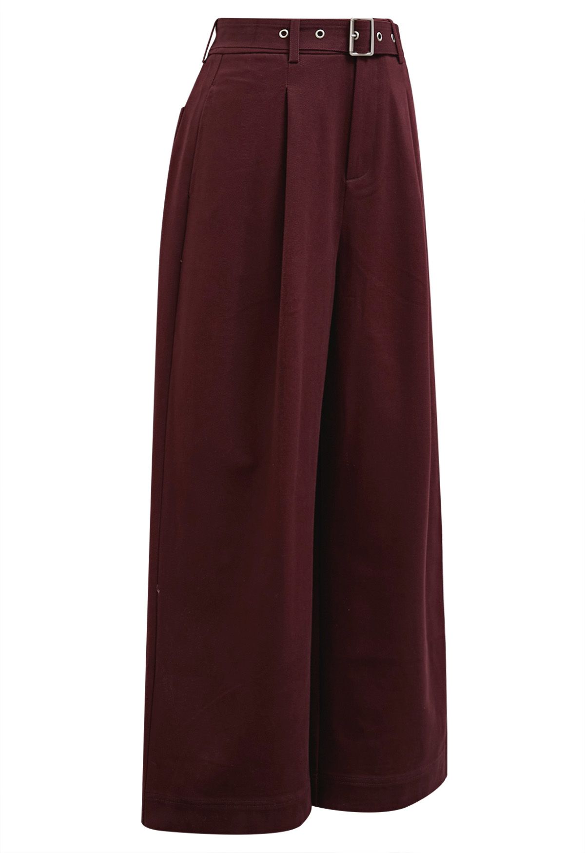 Urban-Casual Pleats Wide-Leg Pants with Belt in Burgundy