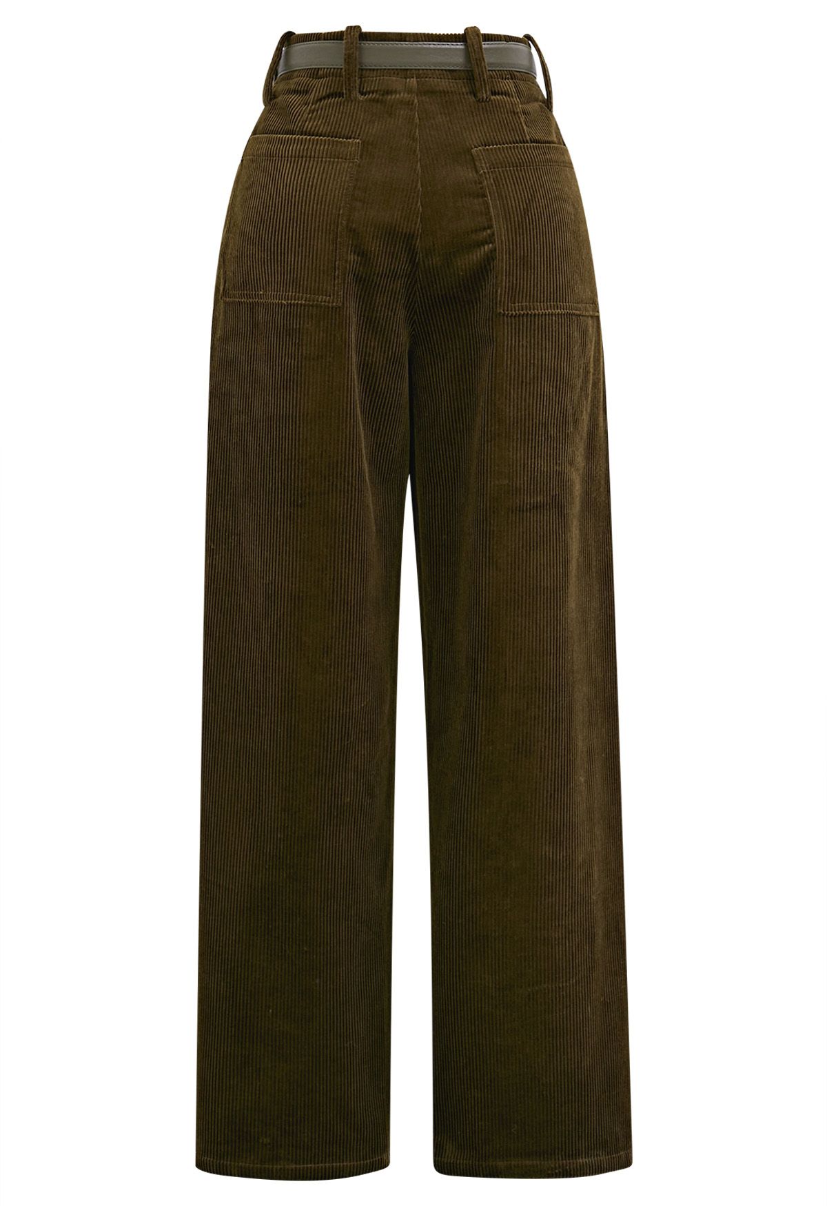 Sturdy Corduroy Belted Straight-Leg Pants in Army Green