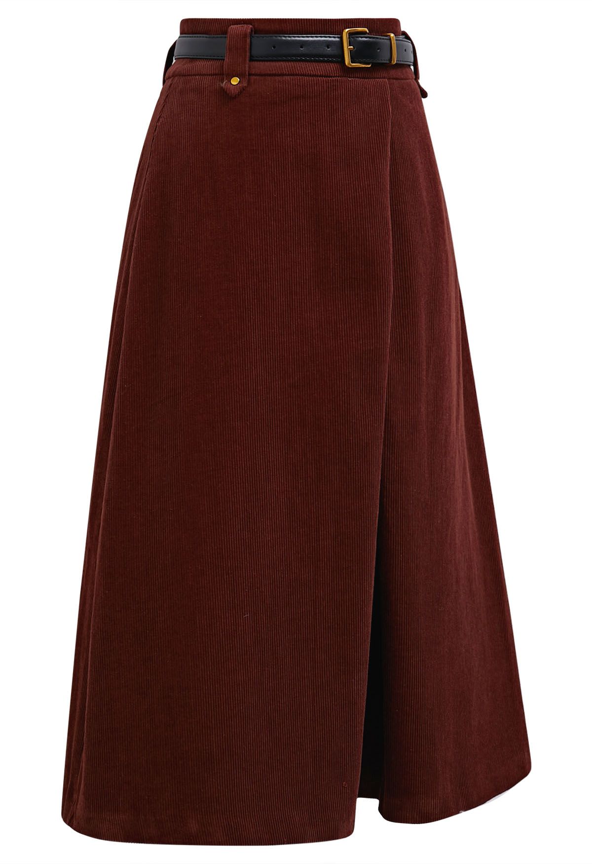 Front Fold Corduroy Belted Midi Skirt