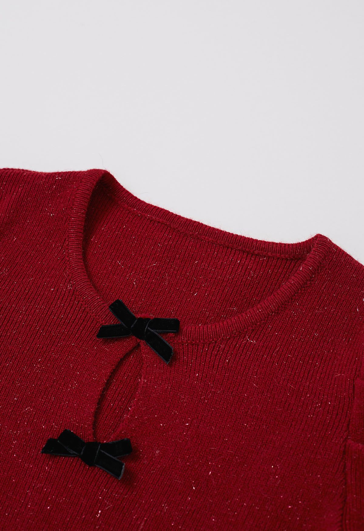 Dainty Bow Lace Cuff Knit Top in Red