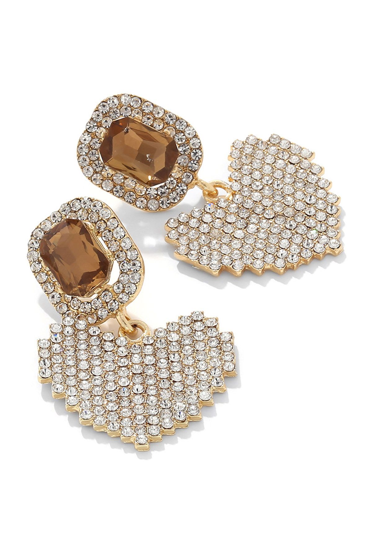 Full Rhinestone Heart Earrings in Amber