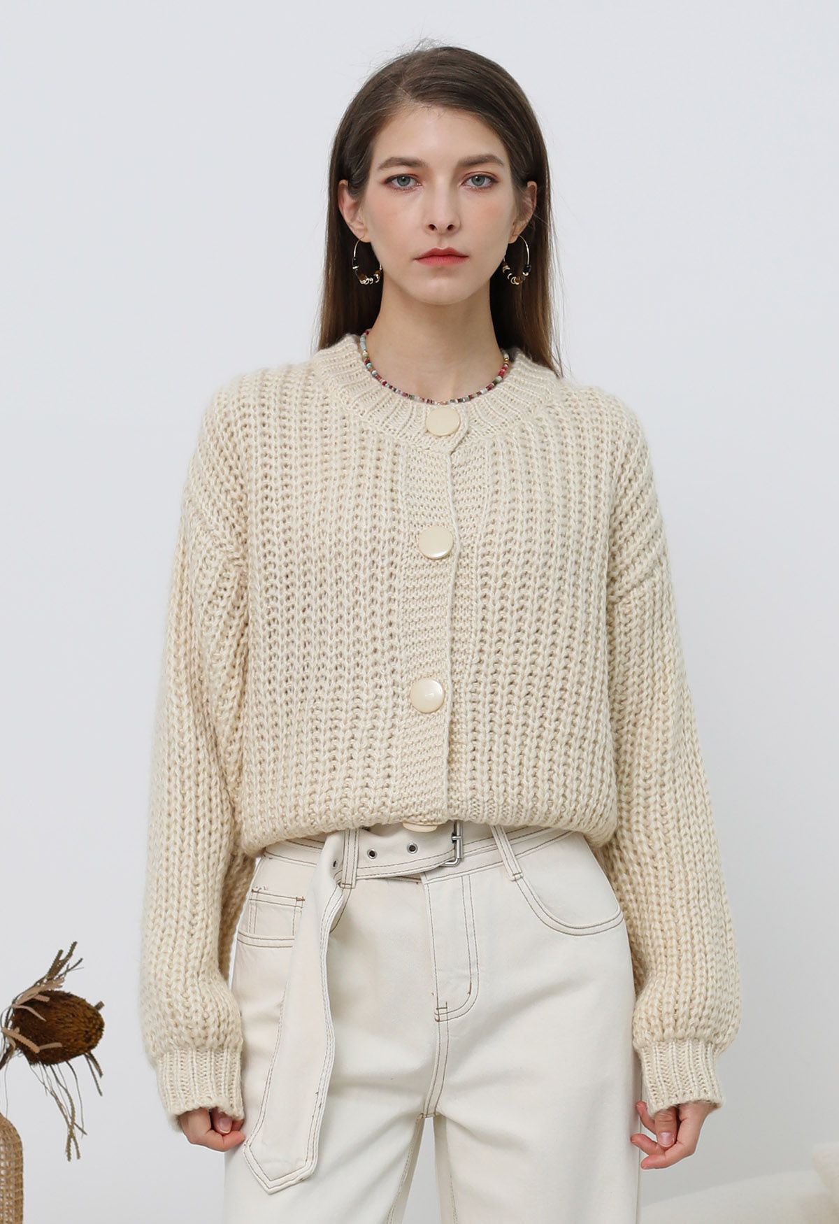 Puff Sleeves Buttoned Crop Chunky Knit Cardigan in Cream