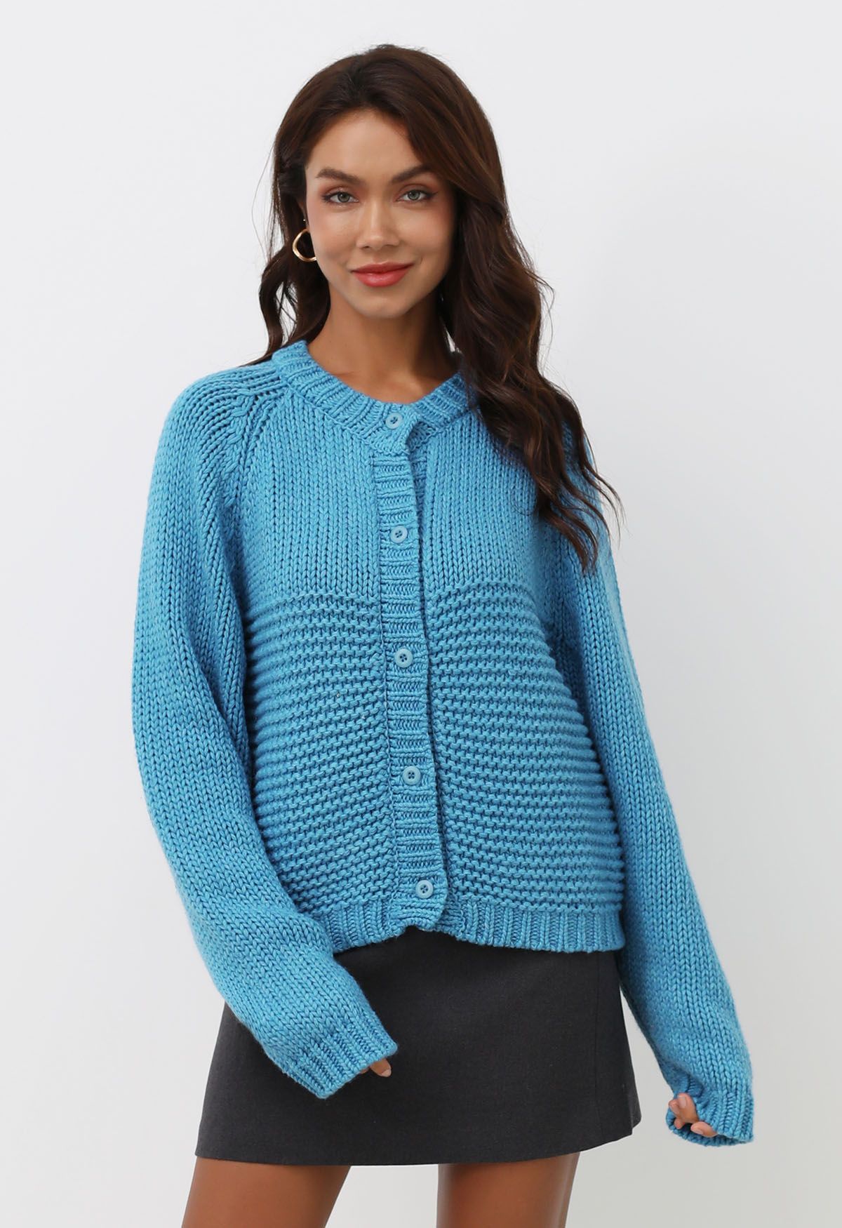 Chunky Buttoned Garter Stitch Knit Cardigan in Blue