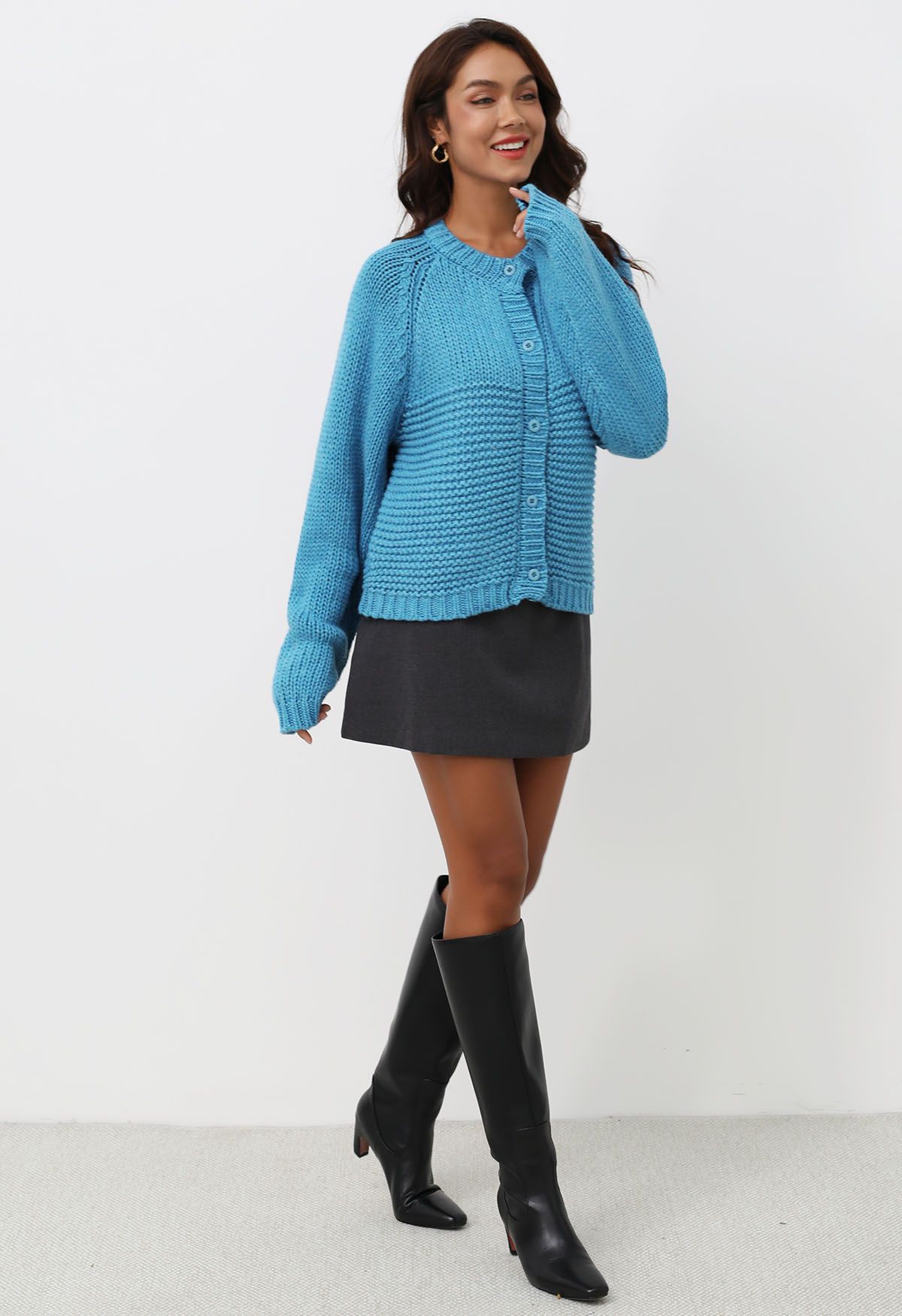 Chunky Buttoned Garter Stitch Knit Cardigan in Blue