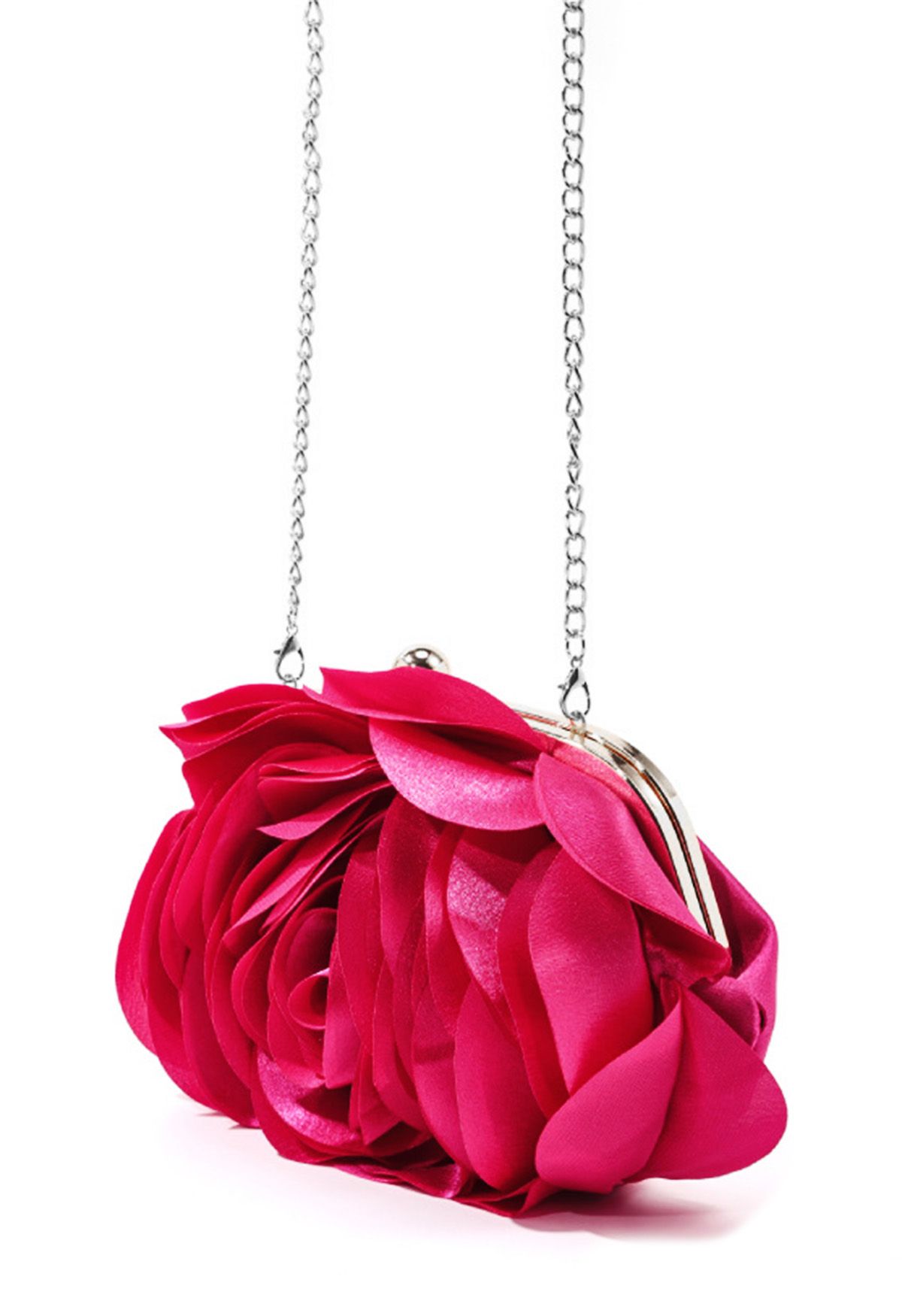 3D Rose Petal Satin Clutch in Magenta