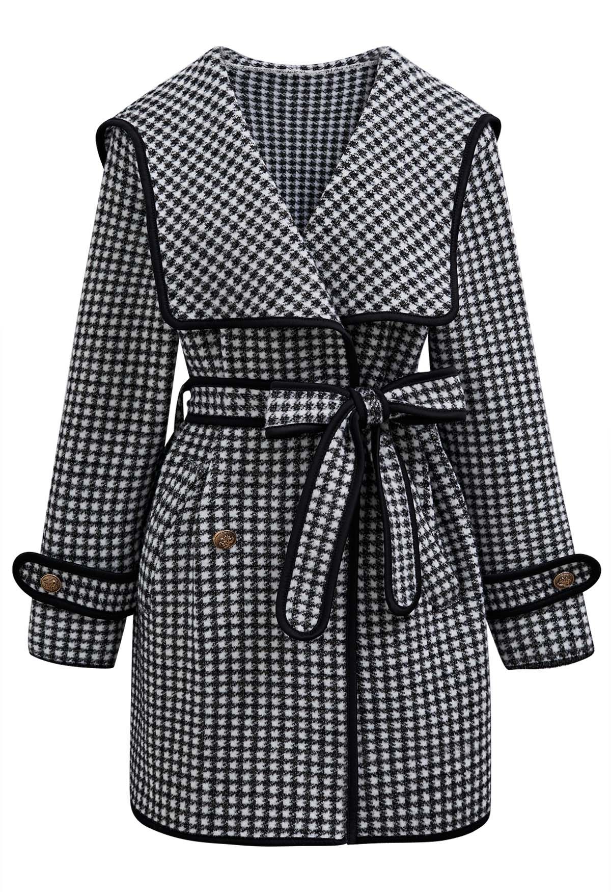 Houndstooth Contrast Edge Wide Lapel Knit Coat