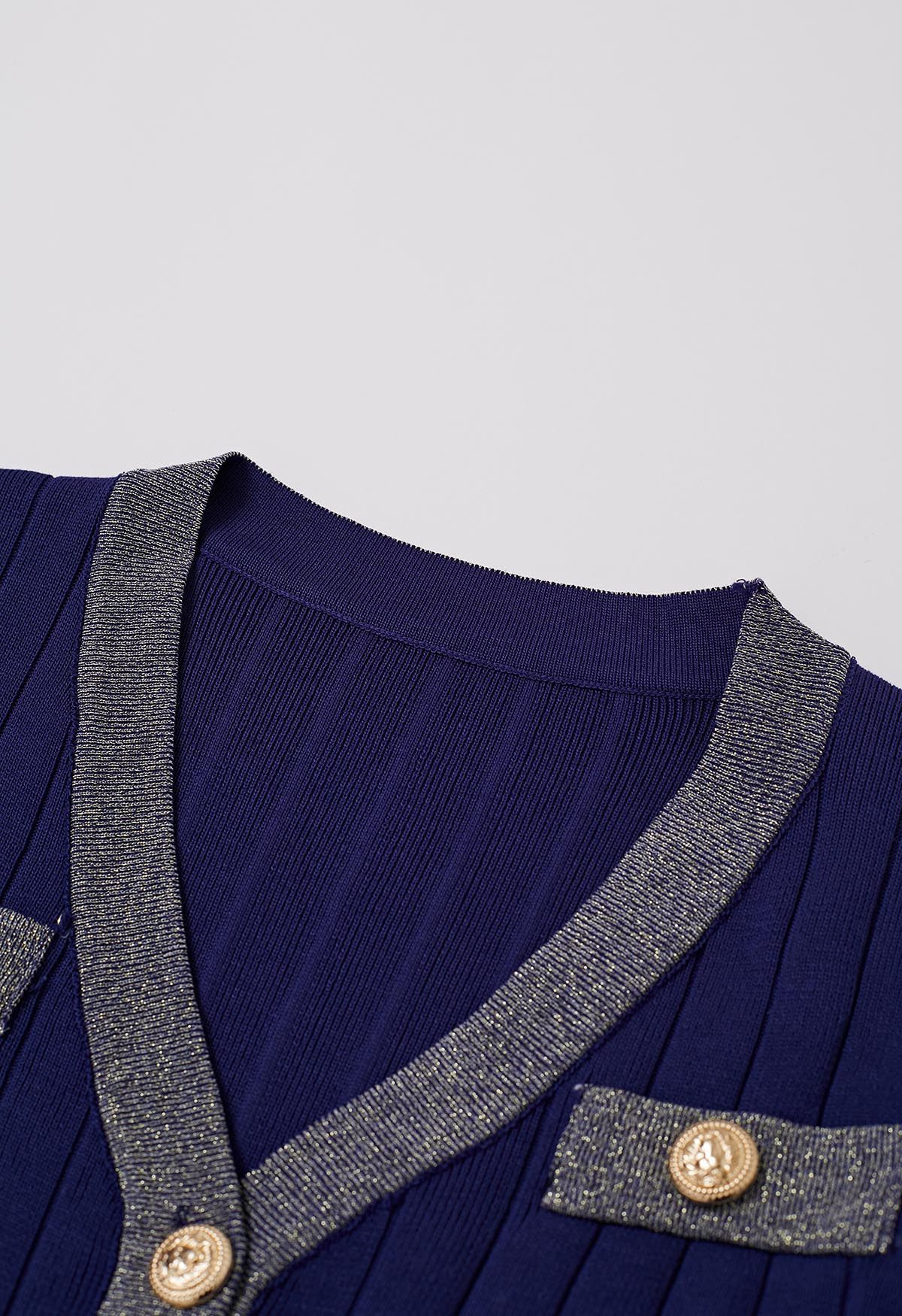 Shimmery Contrast Golden Button Knit Cardigan and Dress Set in Indigo