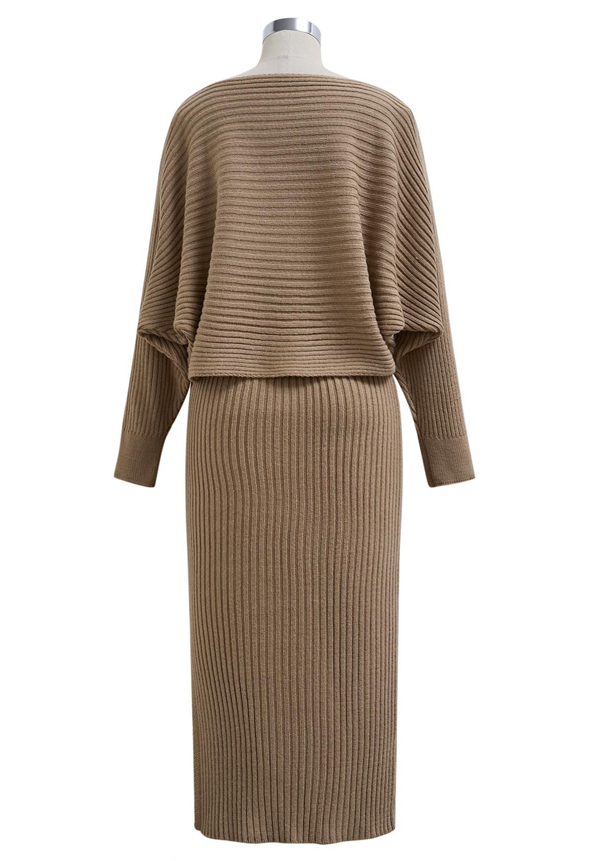 Boat Neck Ribbed Knit Top and Skirt Set in Tan