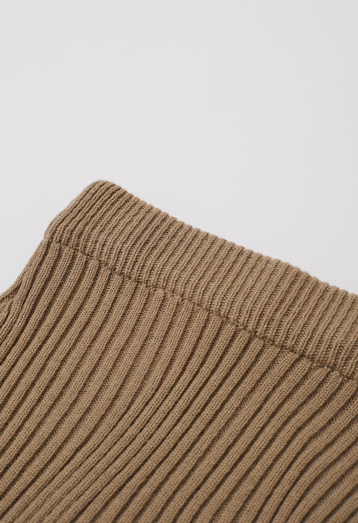 Boat Neck Ribbed Knit Top and Skirt Set in Tan