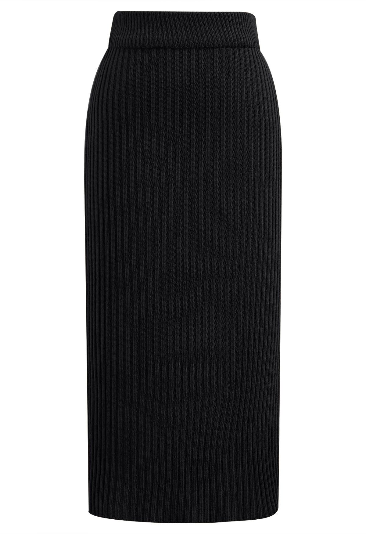 Boat Neck Ribbed Knit Top and Skirt Set in Black