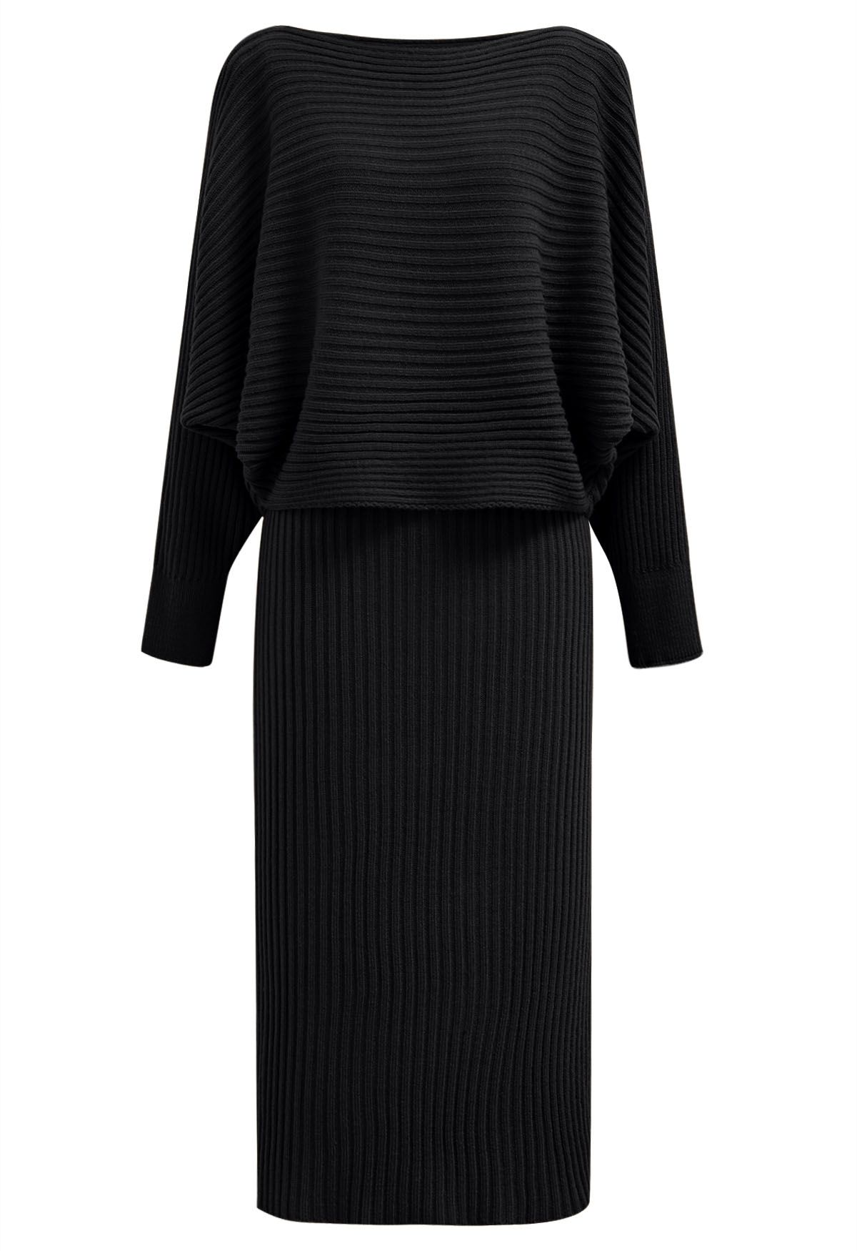 Boat Neck Ribbed Knit Top and Skirt Set in Black