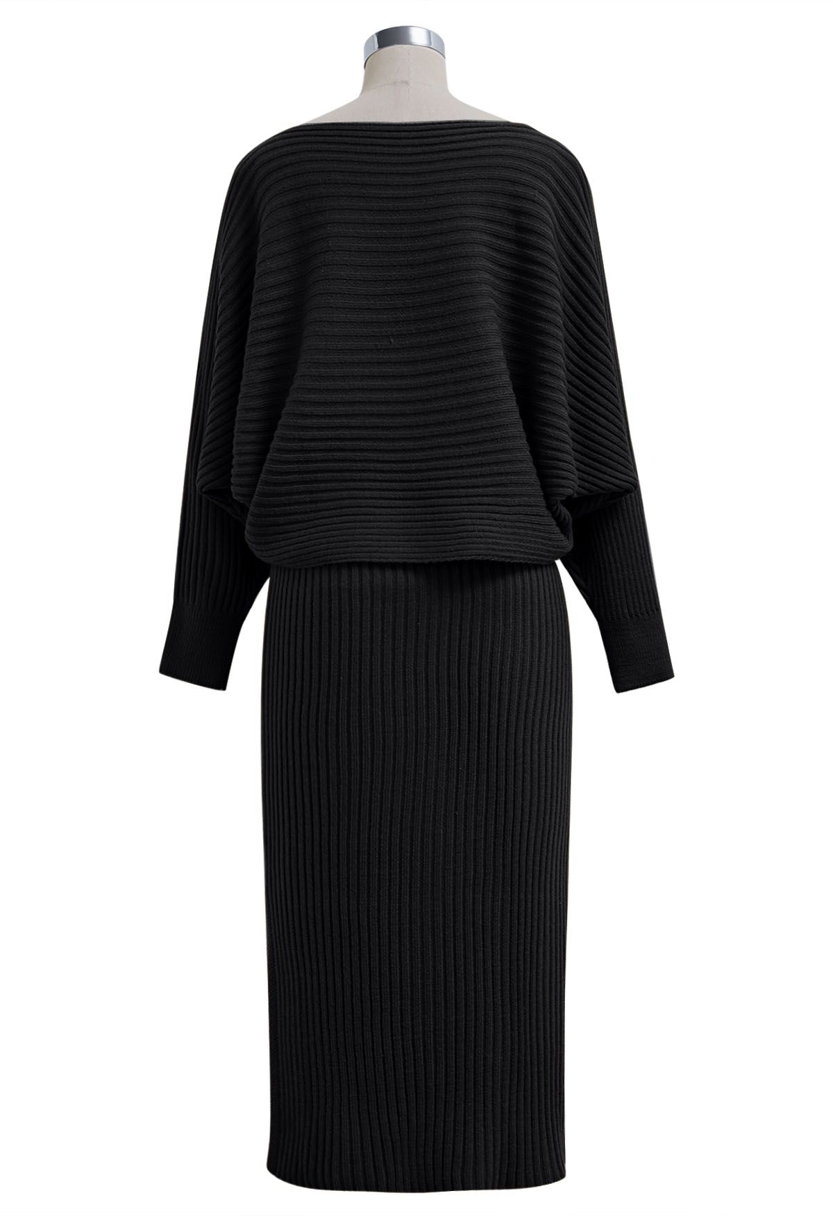 Boat Neck Ribbed Knit Top and Skirt Set in Black