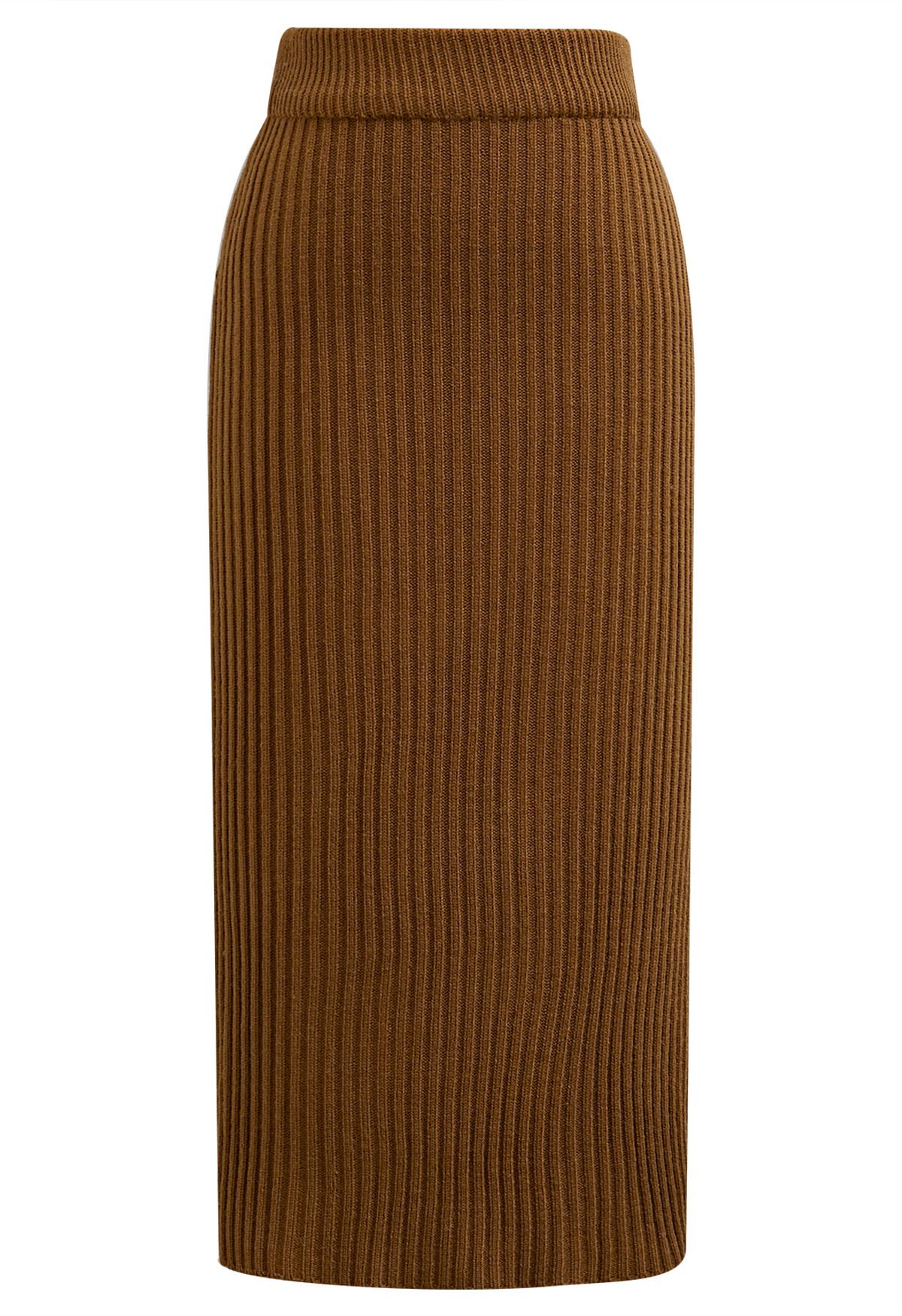 Boat Neck Ribbed Knit Top and Skirt Set in Caramel