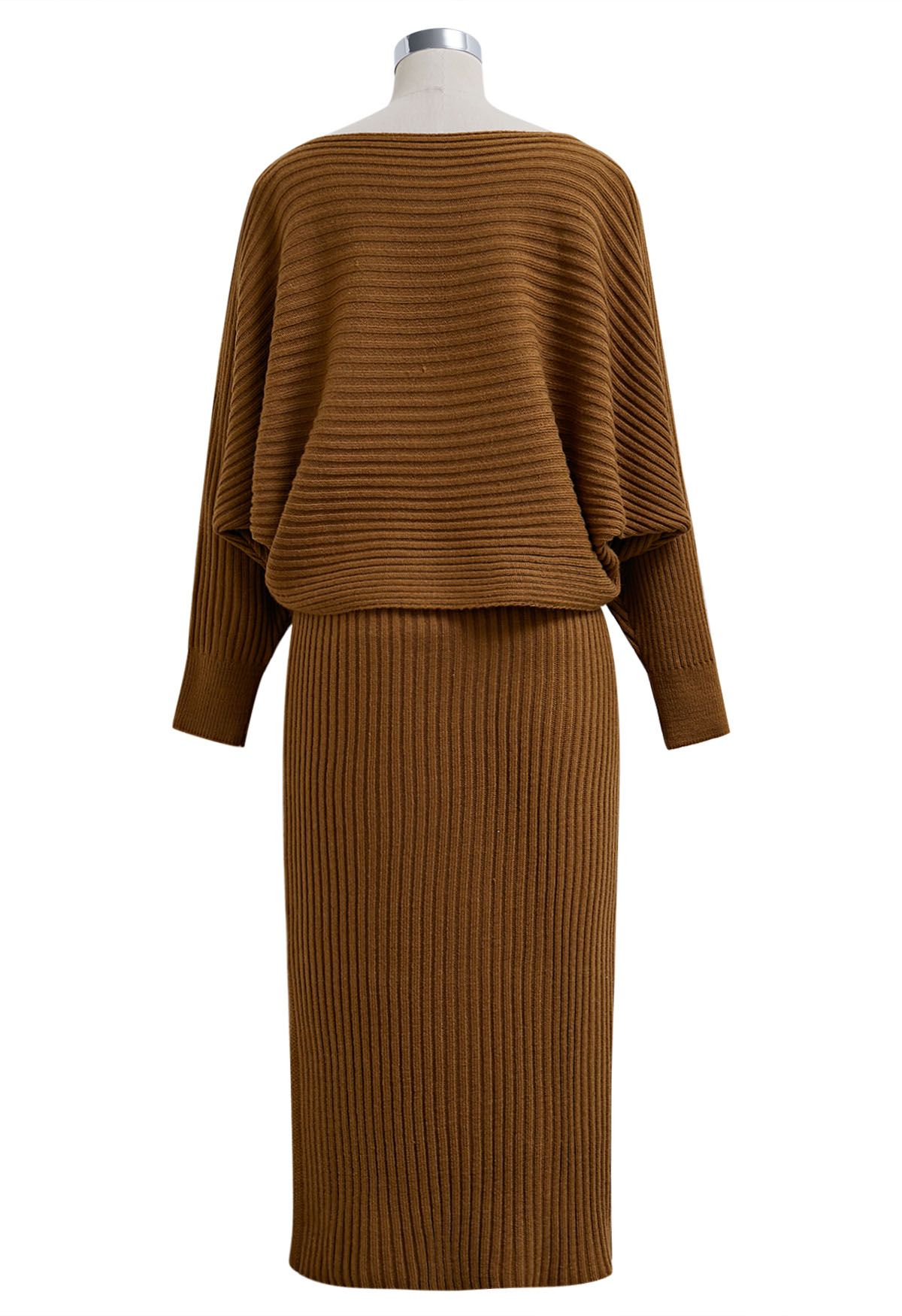 Boat Neck Ribbed Knit Top and Skirt Set in Caramel