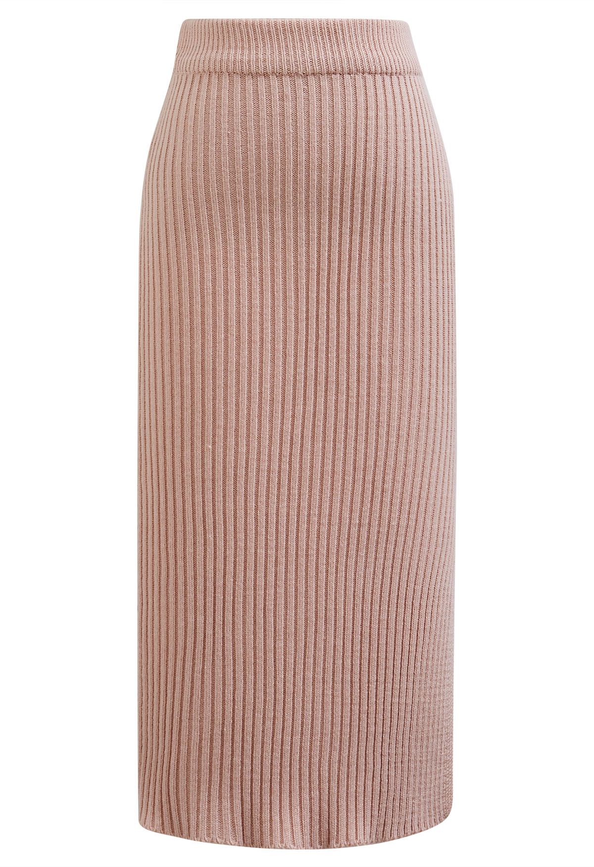 Boat Neck Ribbed Knit Top and Skirt Set in Pink