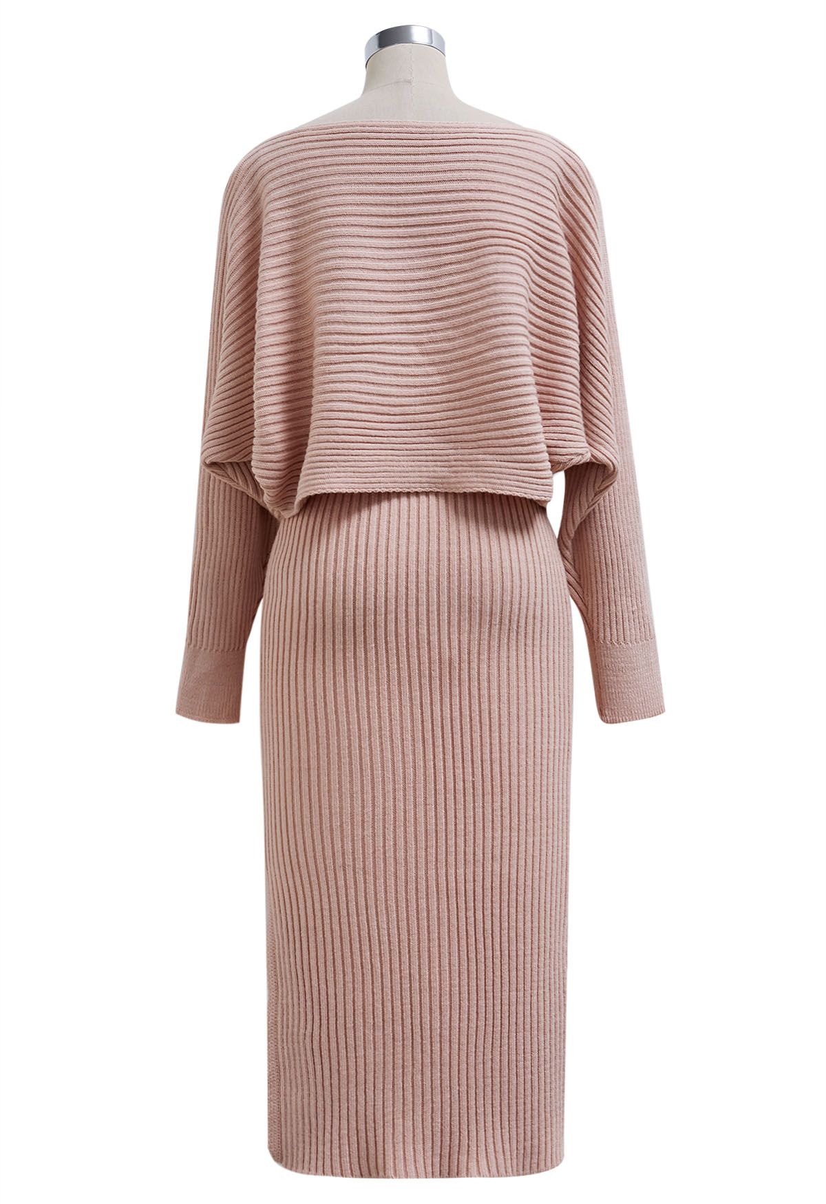 Boat Neck Ribbed Knit Top and Skirt Set in Pink