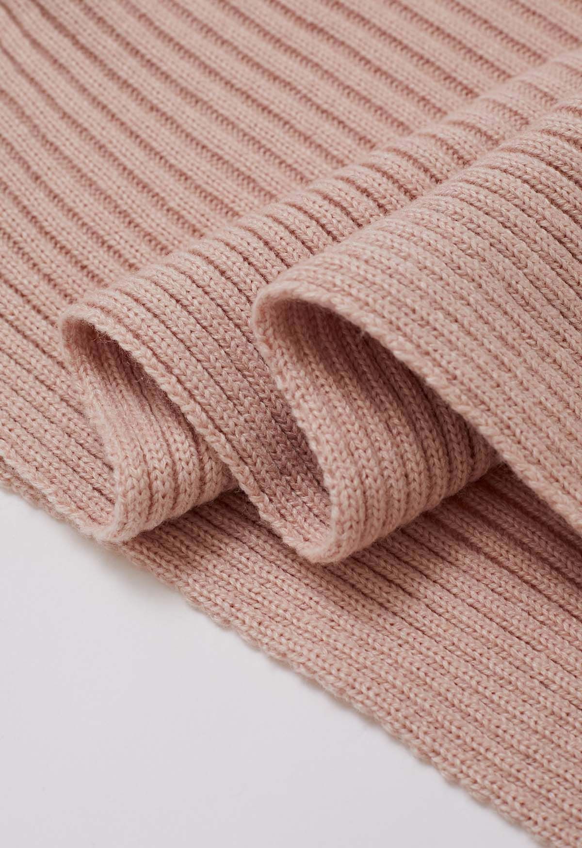 Boat Neck Ribbed Knit Top and Skirt Set in Pink