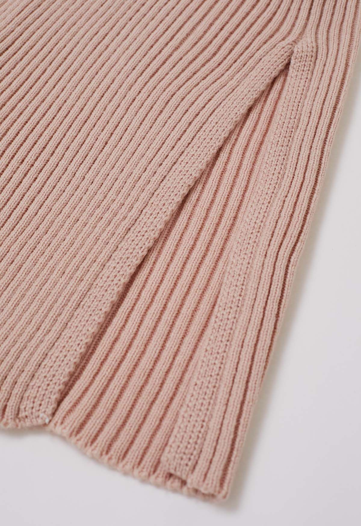 Boat Neck Ribbed Knit Top and Skirt Set in Pink