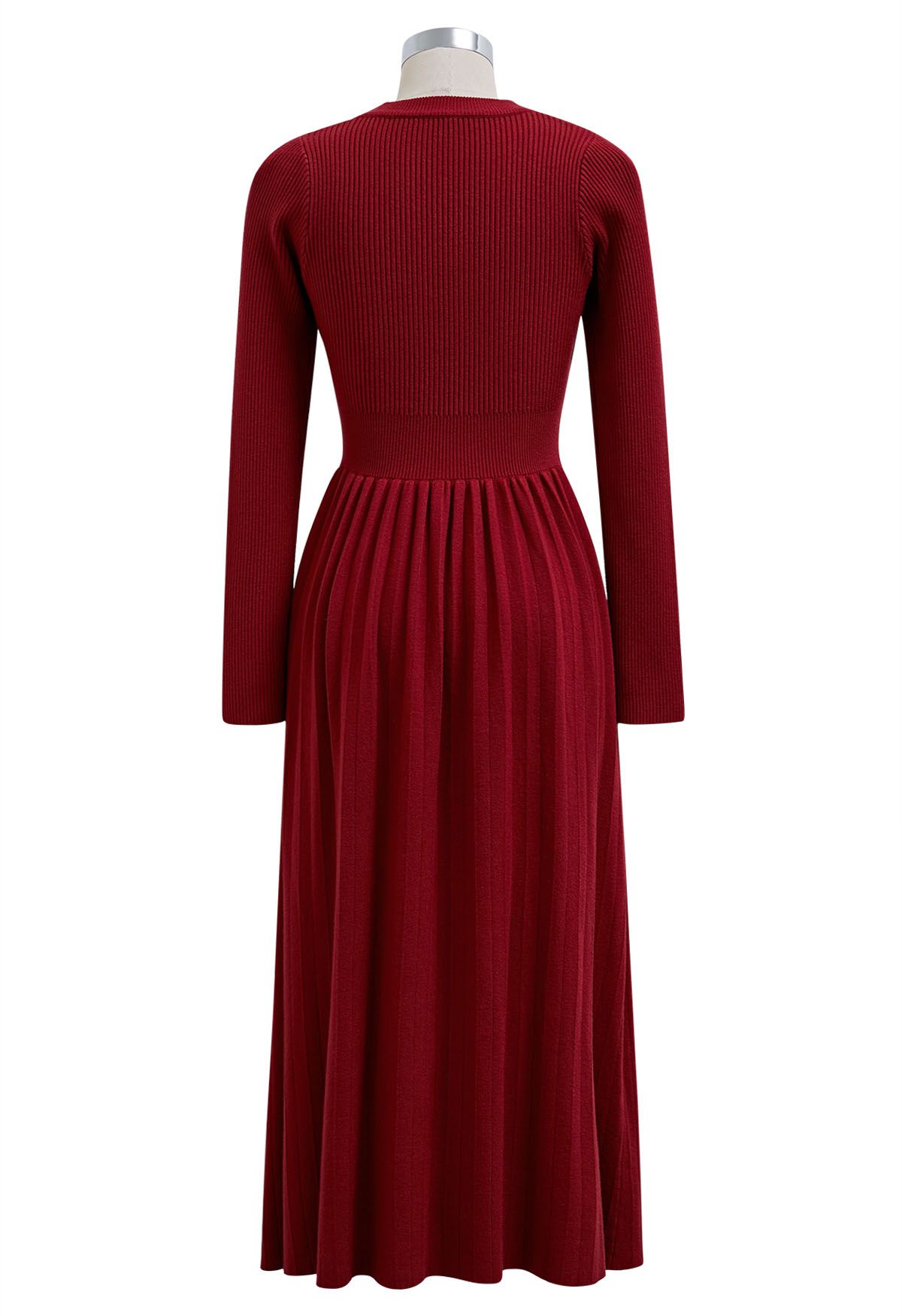 V-Shape Cutout Faux-Wrap Knit Midi Dress in Red