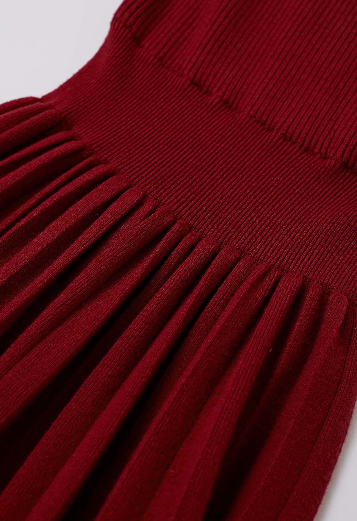 V-Shape Cutout Faux-Wrap Knit Midi Dress in Red