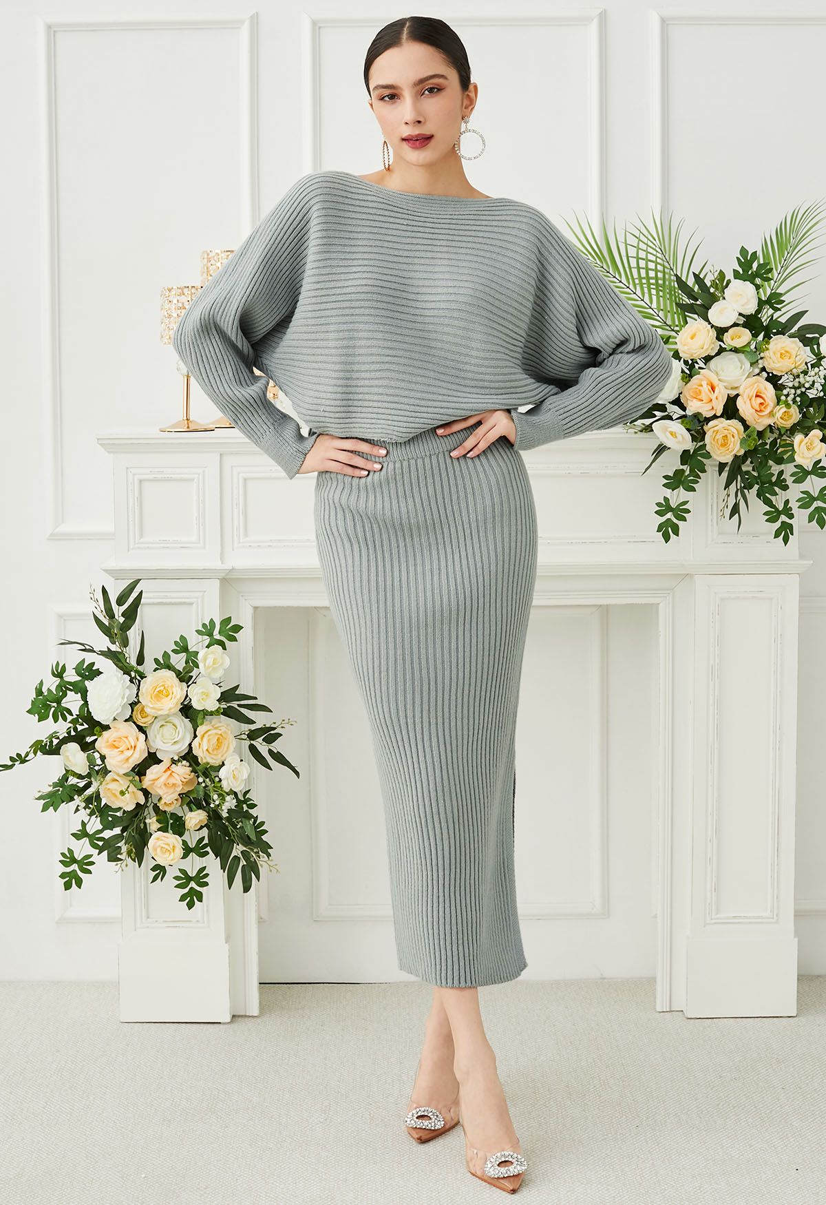 Two-Way Wear Crisscross Knit Top and Skirt Set in Sage