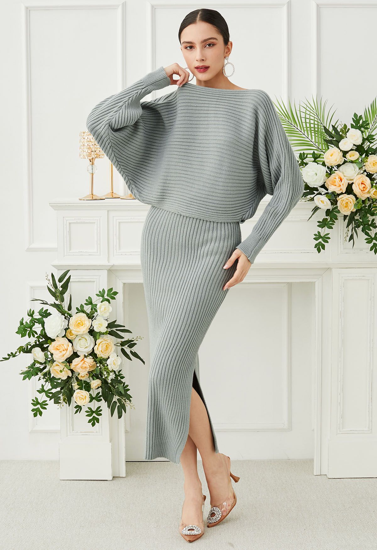 Two-Way Wear Crisscross Knit Top and Skirt Set in Sage