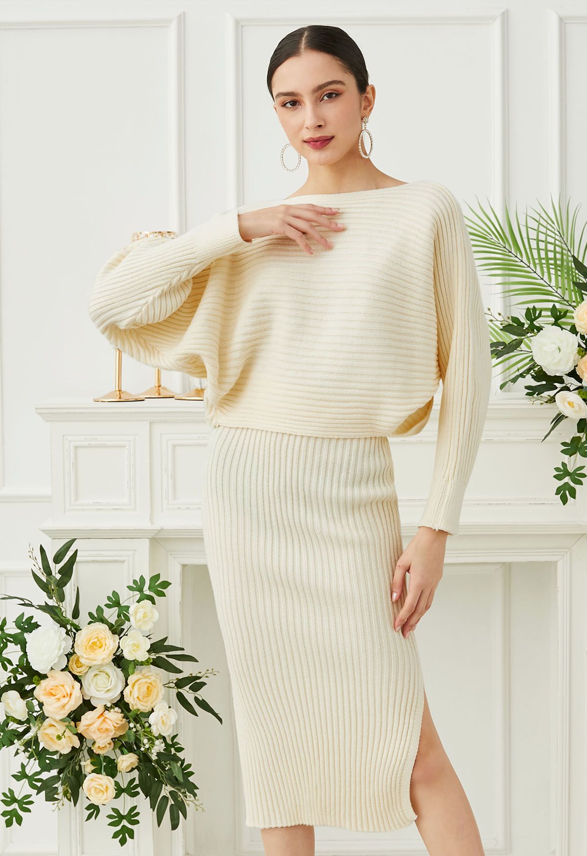 Two-Way Wear Crisscross Knit Top and Skirt Set in Cream