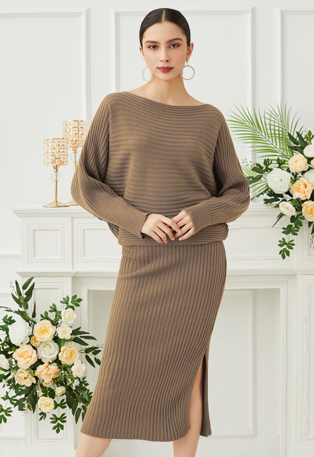 Boat Neck Ribbed Knit Top and Skirt Set in Tan