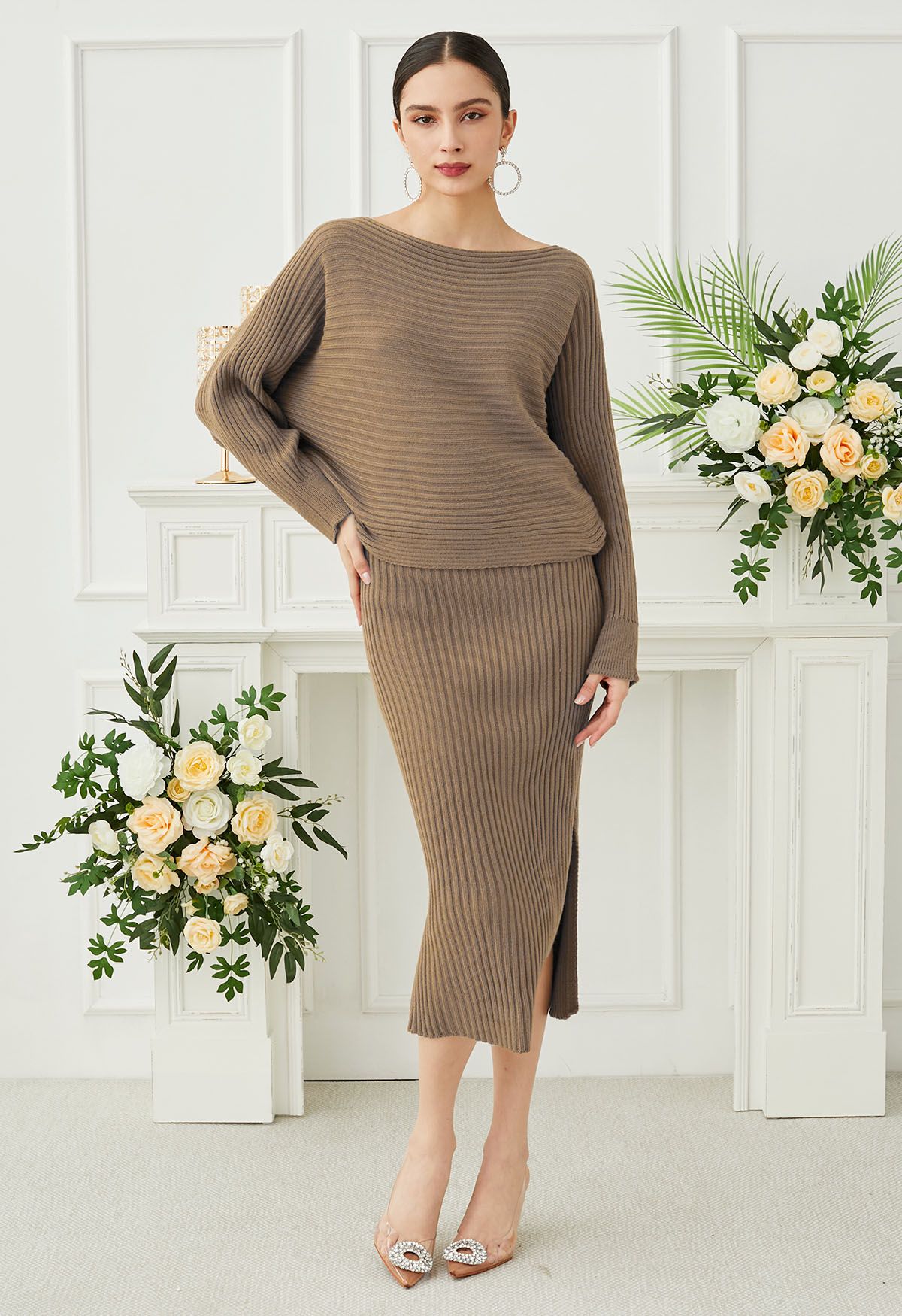 Boat Neck Ribbed Knit Top and Skirt Set in Tan