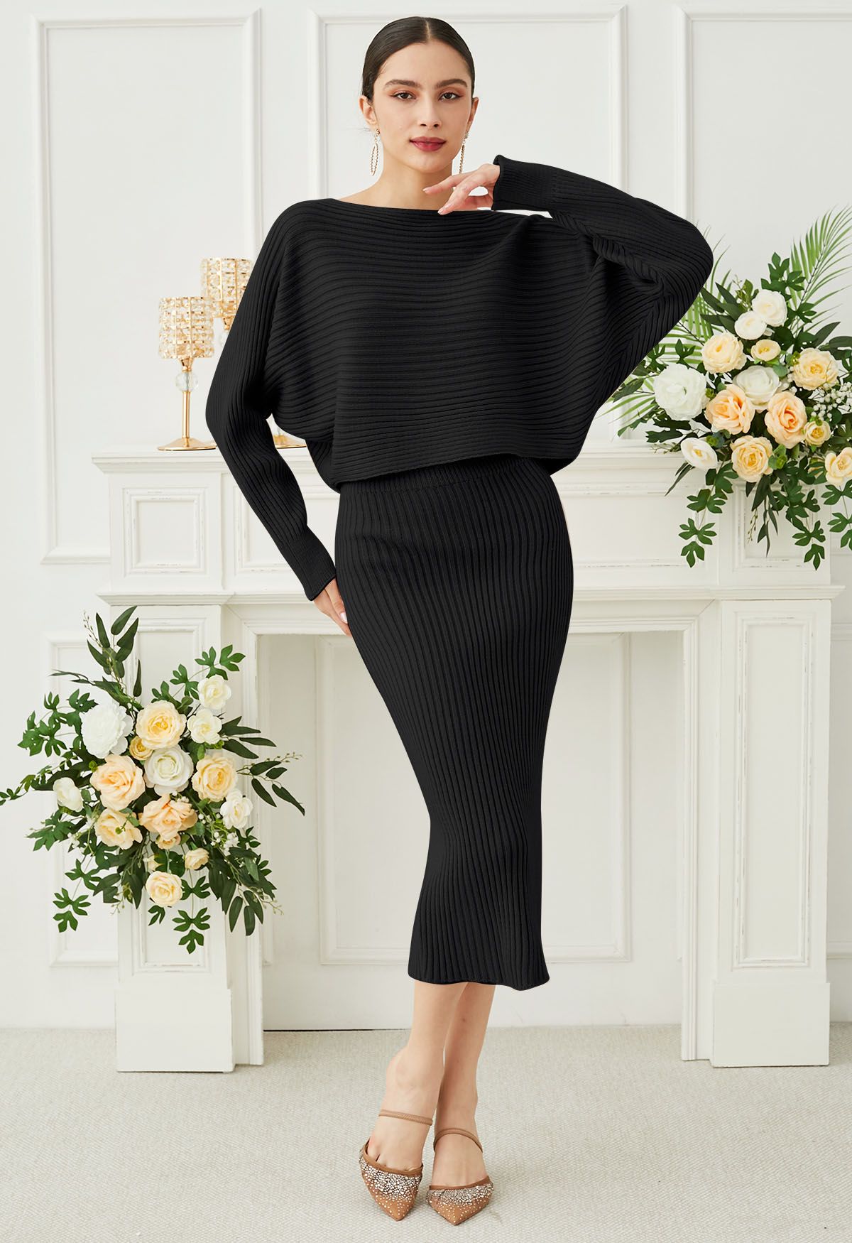 Boat Neck Ribbed Knit Top and Skirt Set in Black