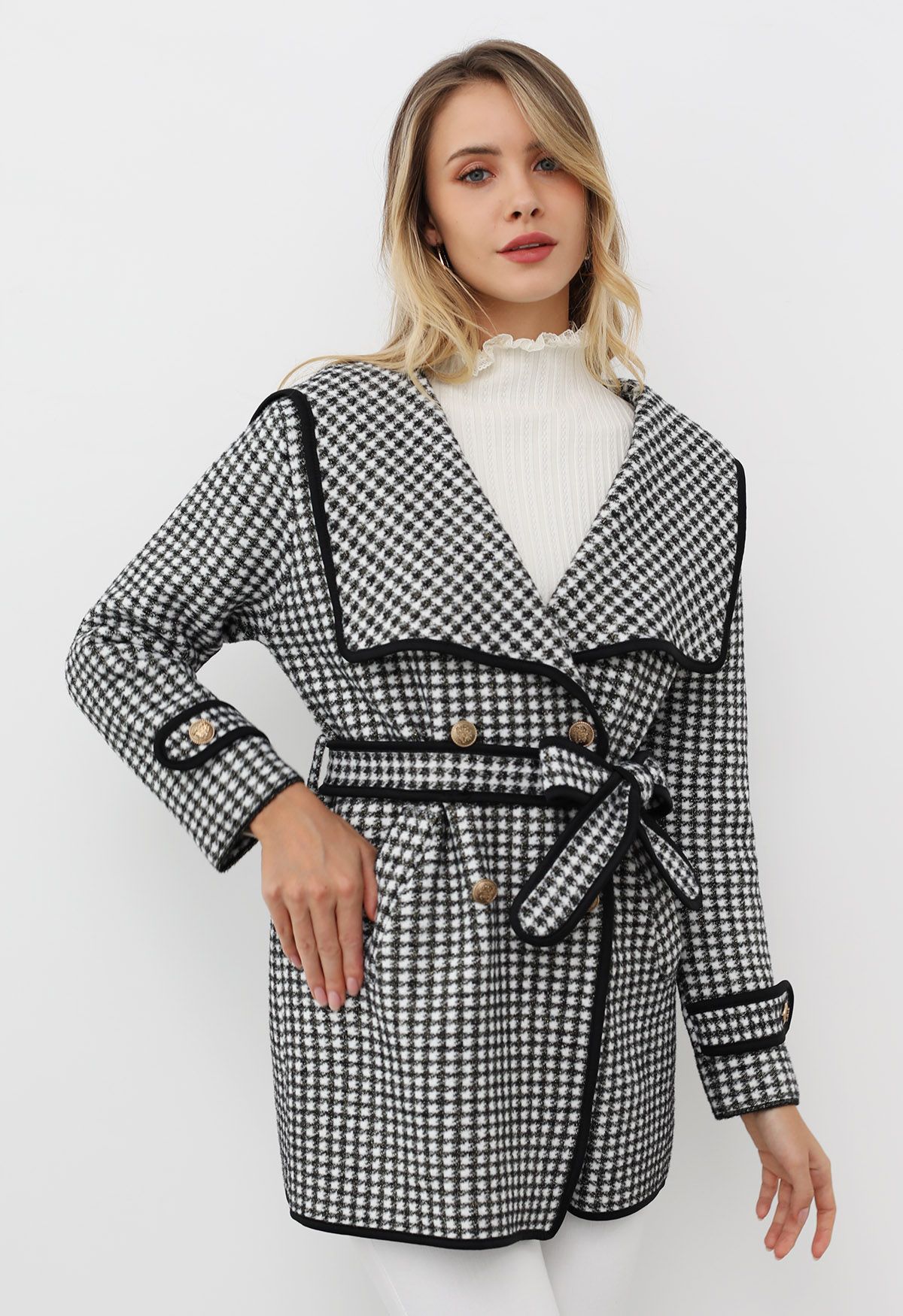 Houndstooth Contrast Edge Wide Lapel Knit Coat