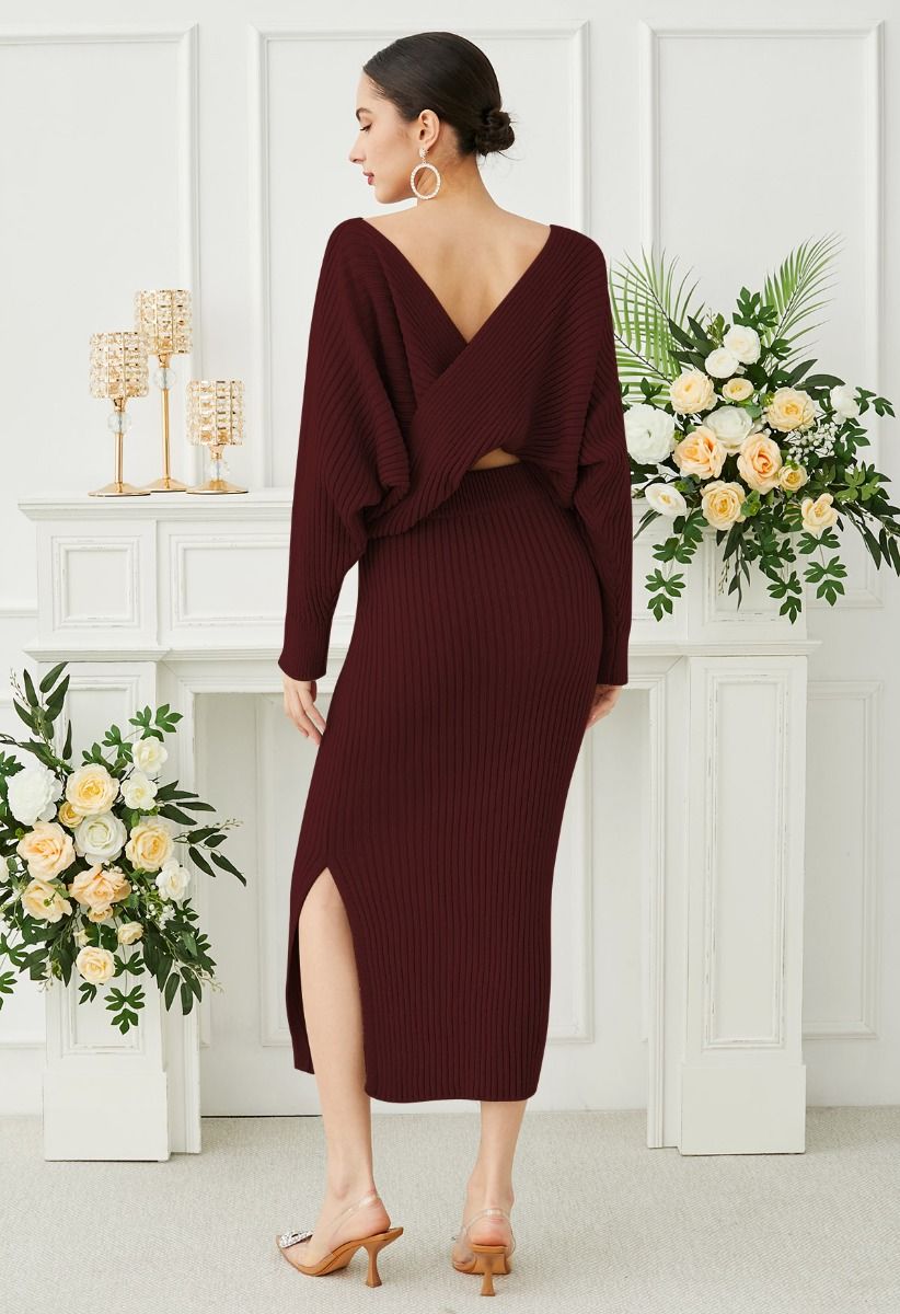 Two-Way Wear Crisscross Knit Top and Skirt Set in Burgundy