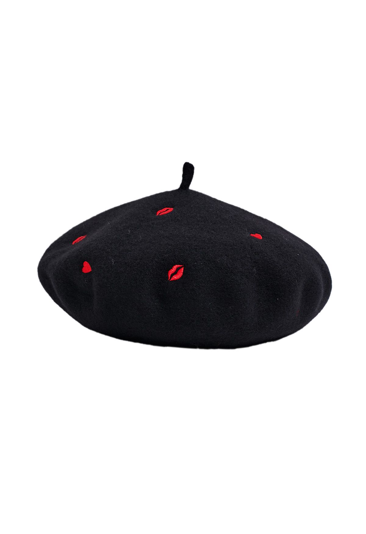 Lips and Hearts Wool-Blend Beret in Black