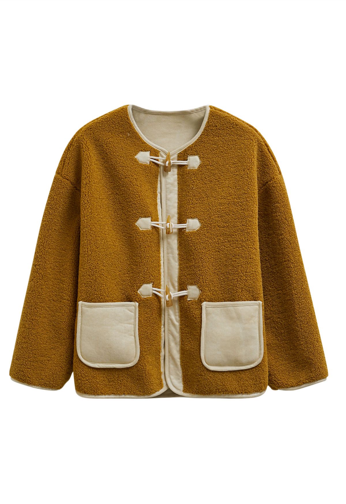 Horn Buckle Fastening Sherpa Coat in Caramel