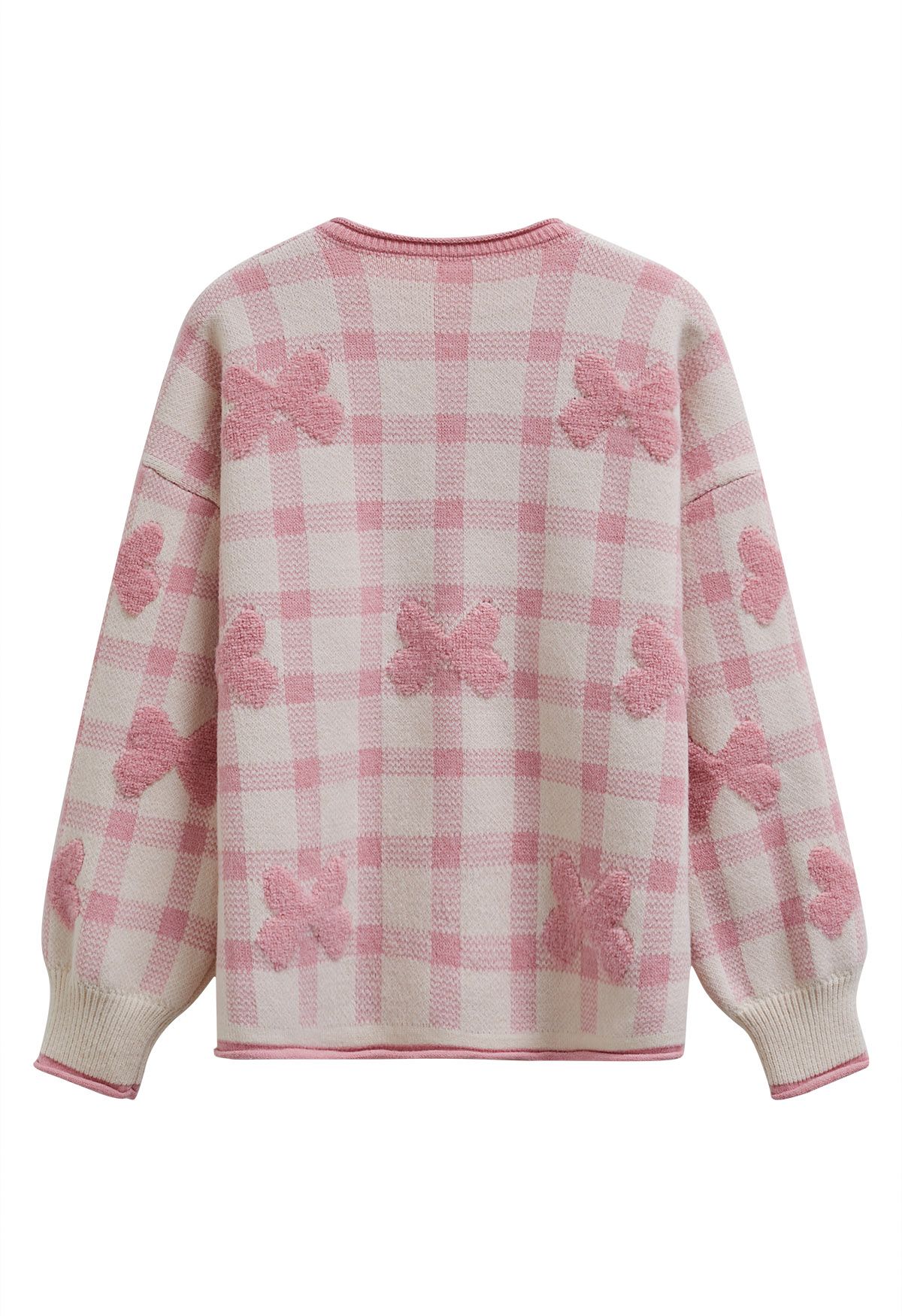 Bowknot Jacquard Check Buttoned Knit Cardigan in Pink