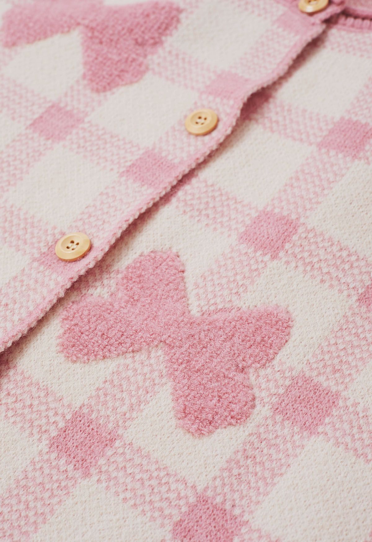 Bowknot Jacquard Check Buttoned Knit Cardigan in Pink