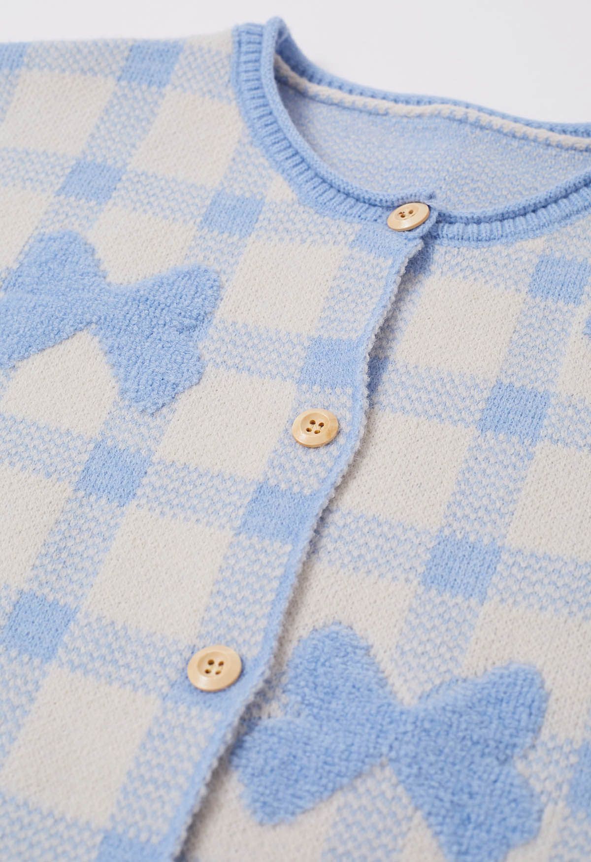 Bowknot Jacquard Check Buttoned Knit Cardigan in Baby Blue