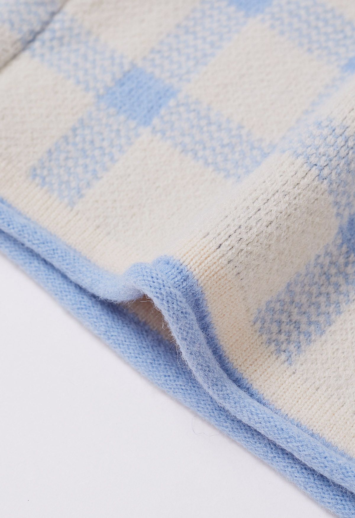 Bowknot Jacquard Check Buttoned Knit Cardigan in Baby Blue