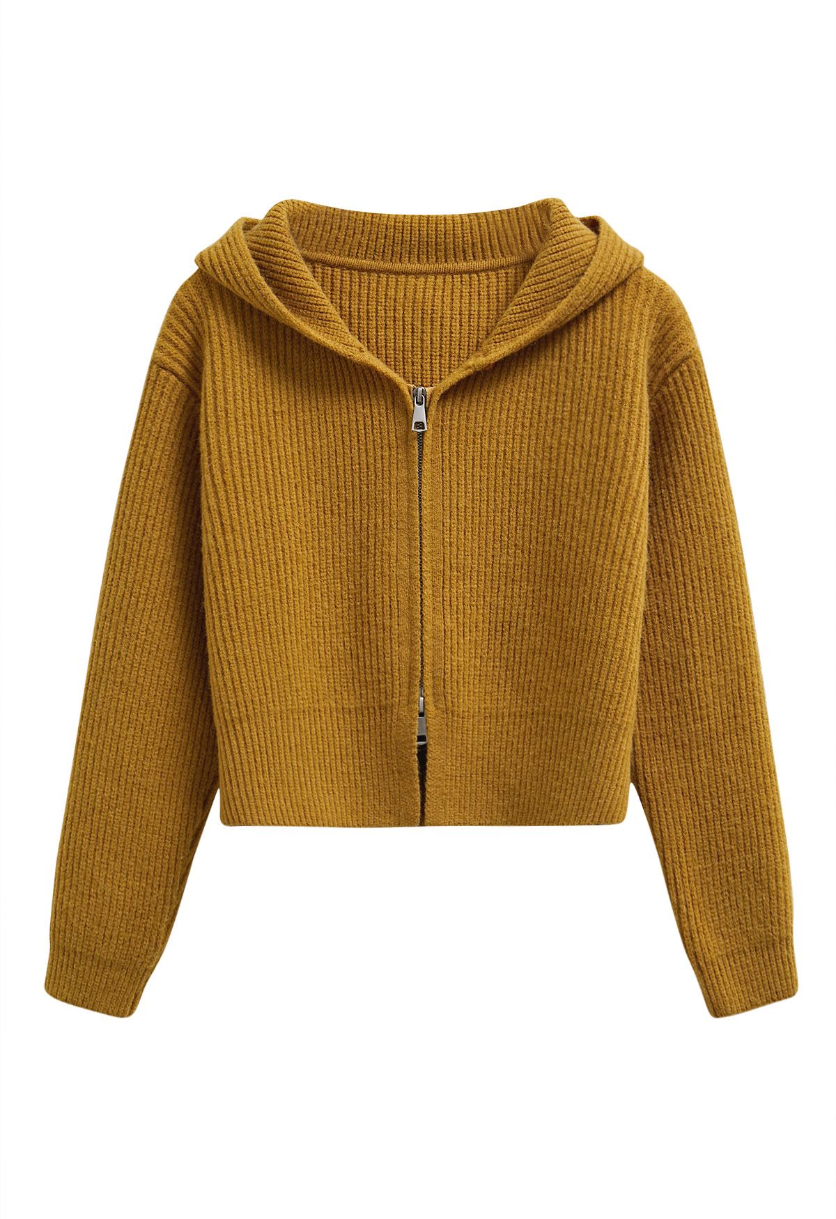 Double-Zip Hooded Crop Knit Cardigan in Mustard