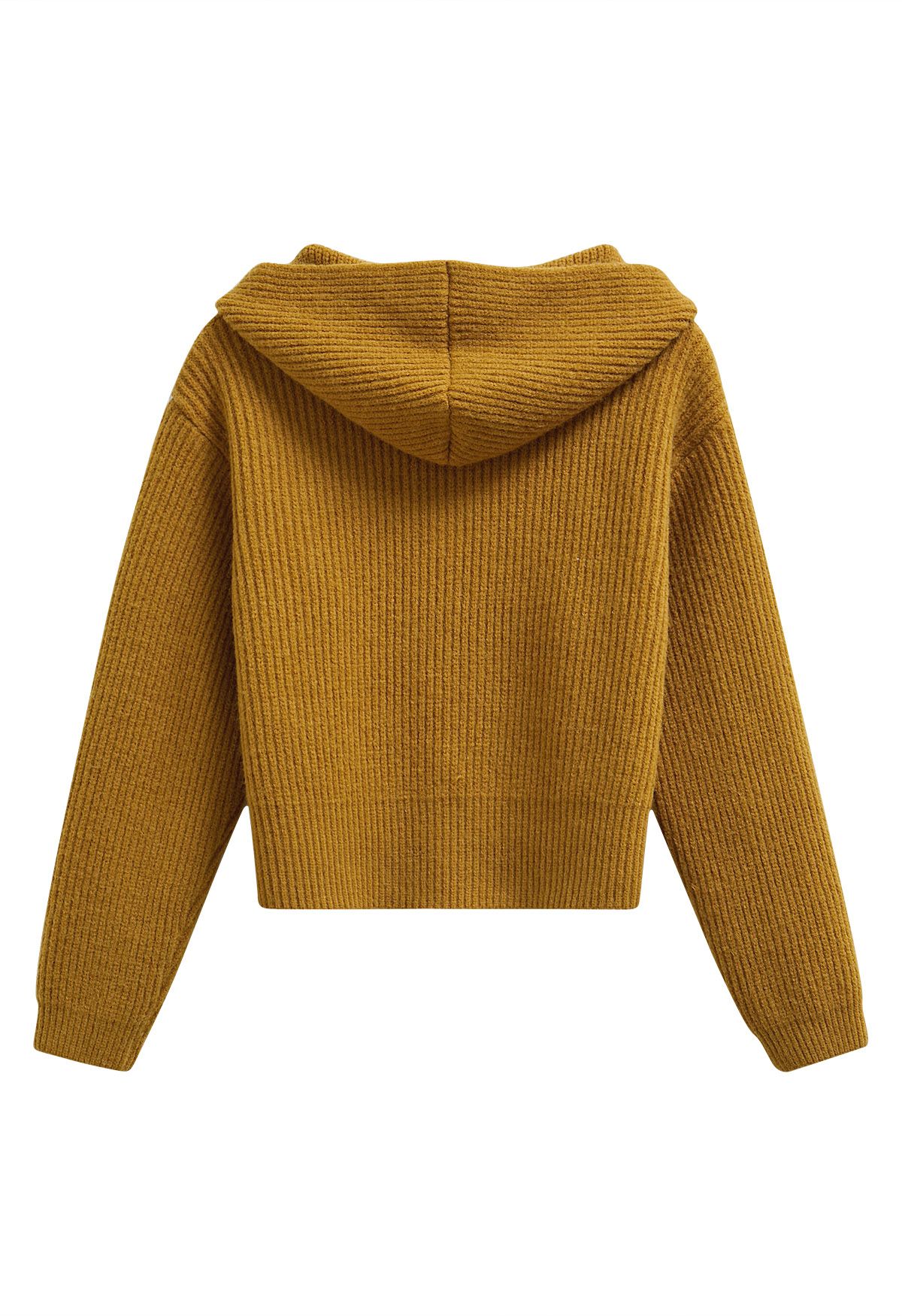 Double-Zip Hooded Crop Knit Cardigan in Mustard