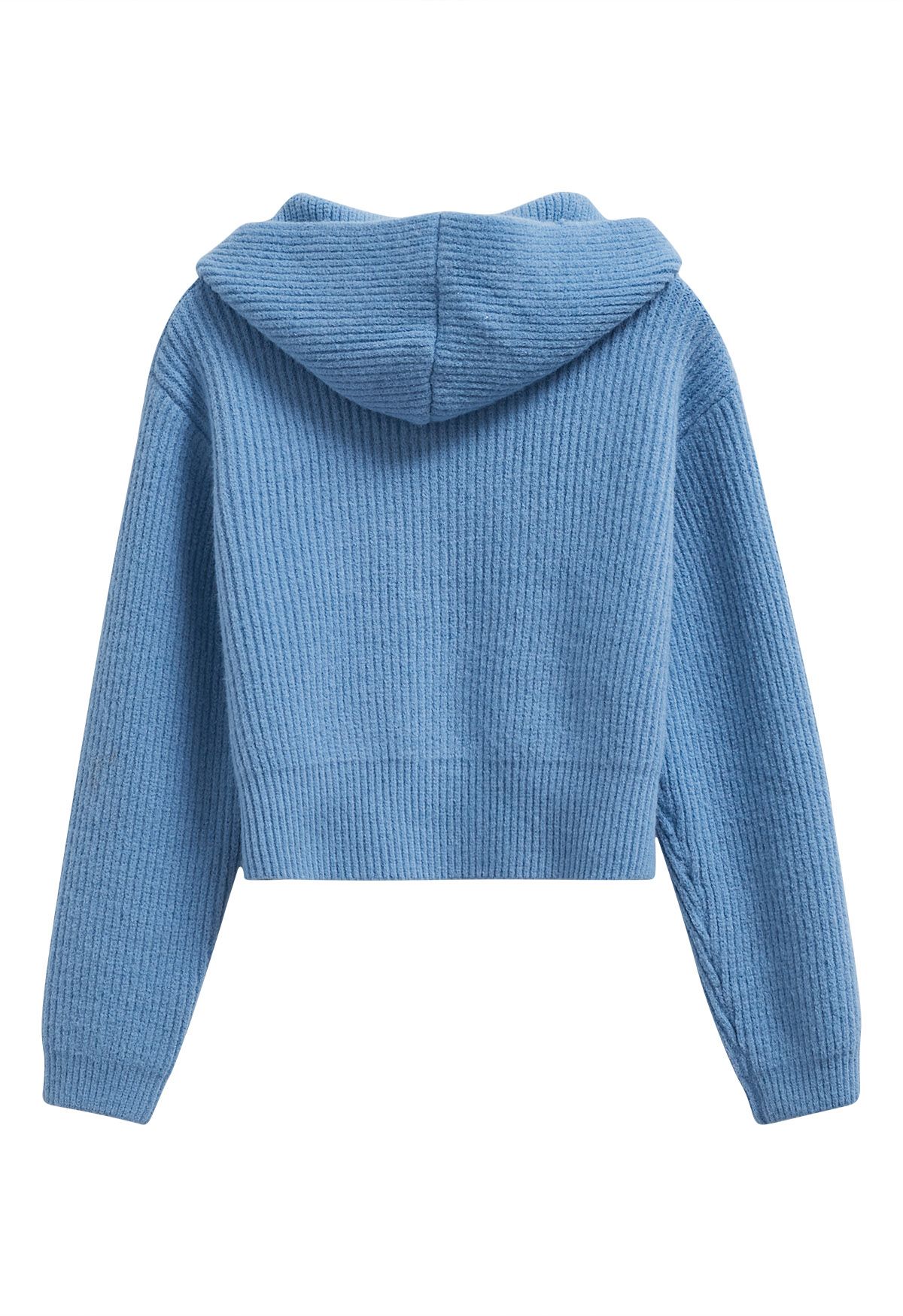 Double-Zip Hooded Crop Knit Cardigan in Blue