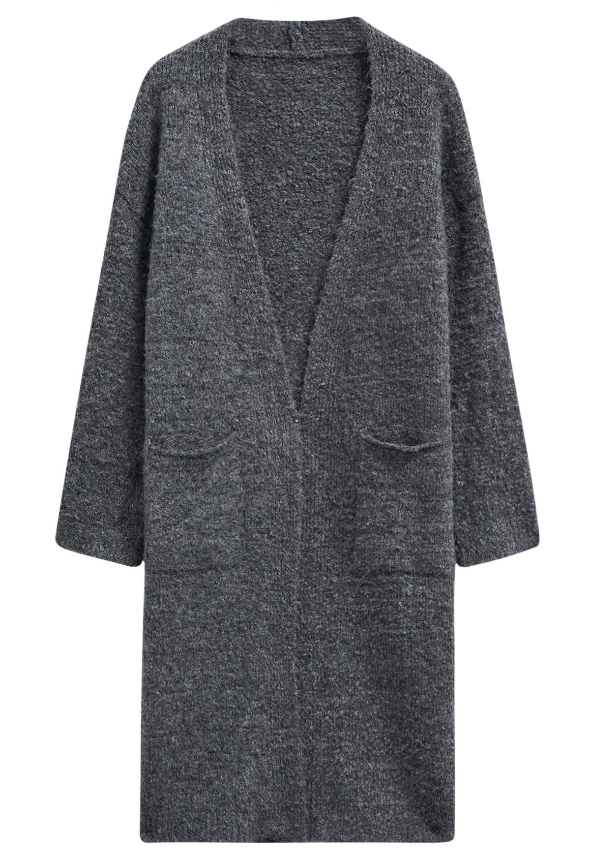 Mix-Knit Fuzzy Longline Cardigan in Smoke