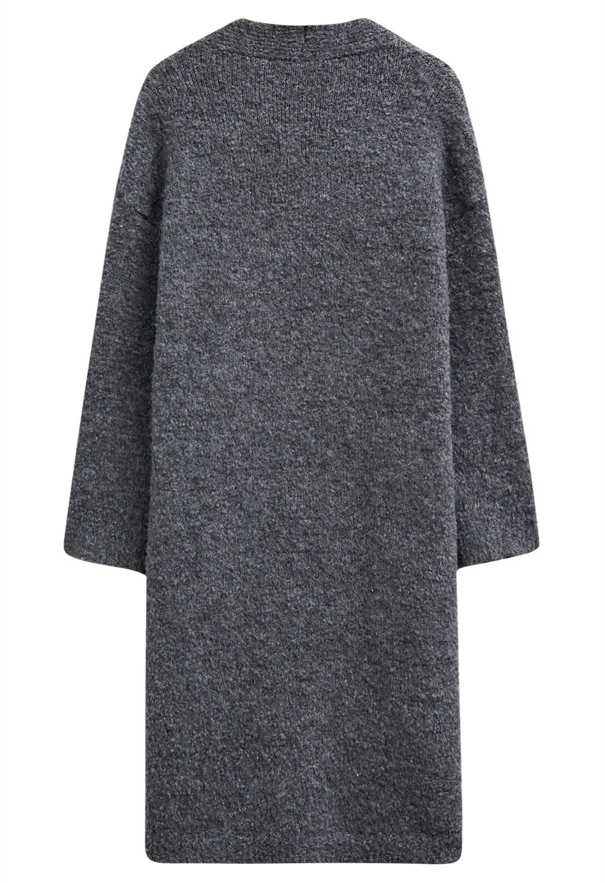 Mix-Knit Fuzzy Longline Cardigan in Smoke