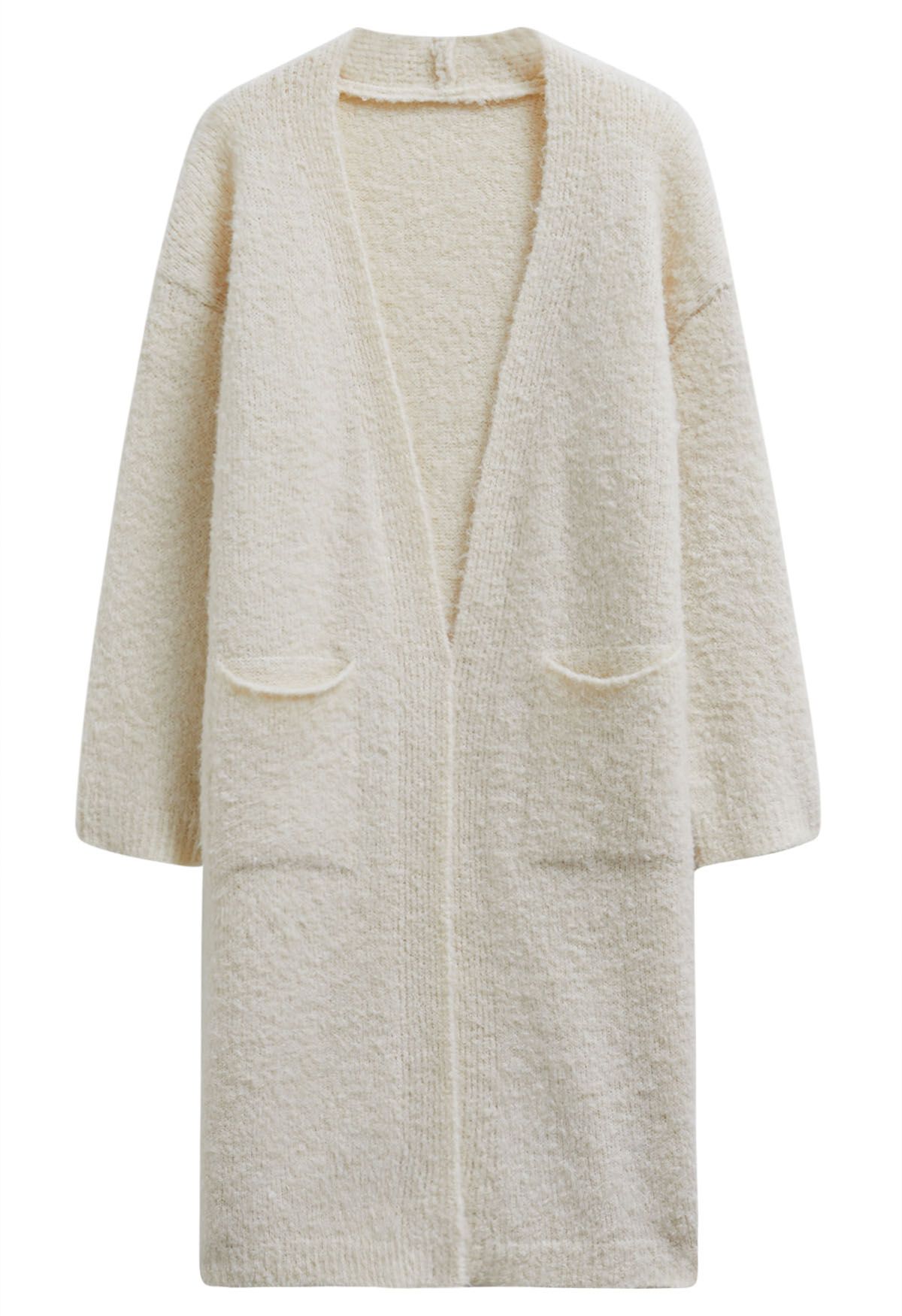 Mix-Knit Fuzzy Longline Cardigan in Cream