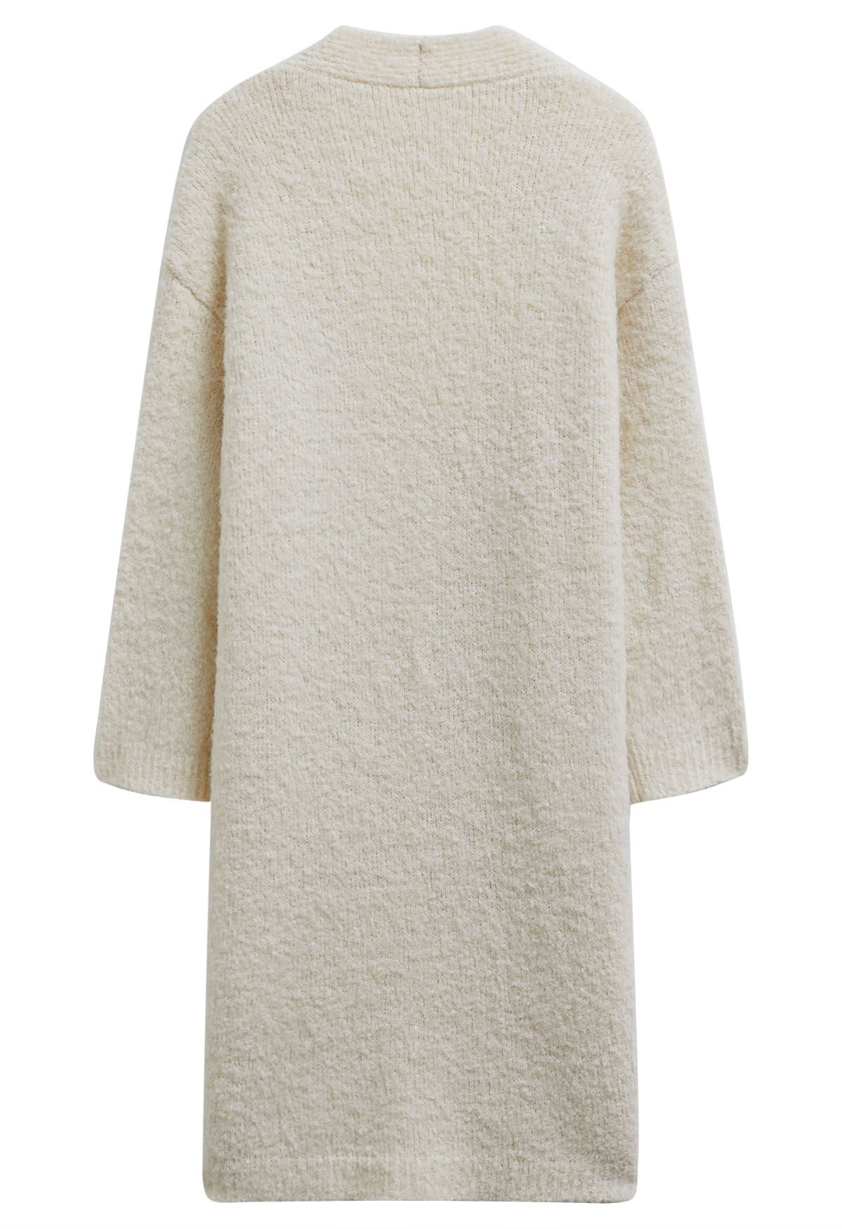 Mix-Knit Fuzzy Longline Cardigan in Cream