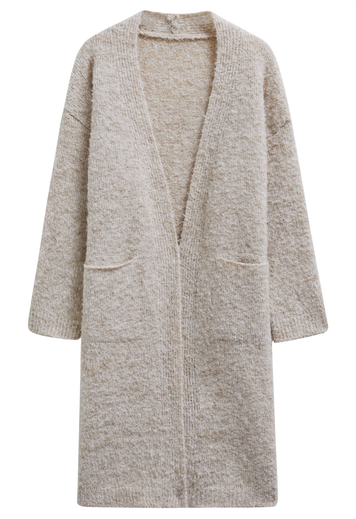 Mix-Knit Fuzzy Longline Cardigan in Oatmeal