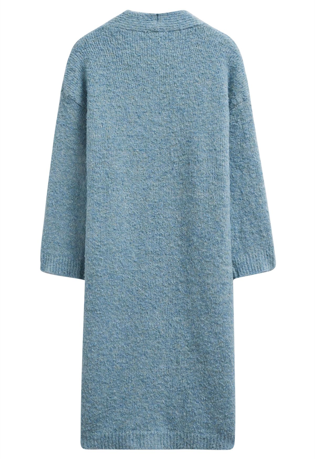 Mix-Knit Fuzzy Longline Cardigan in Blue